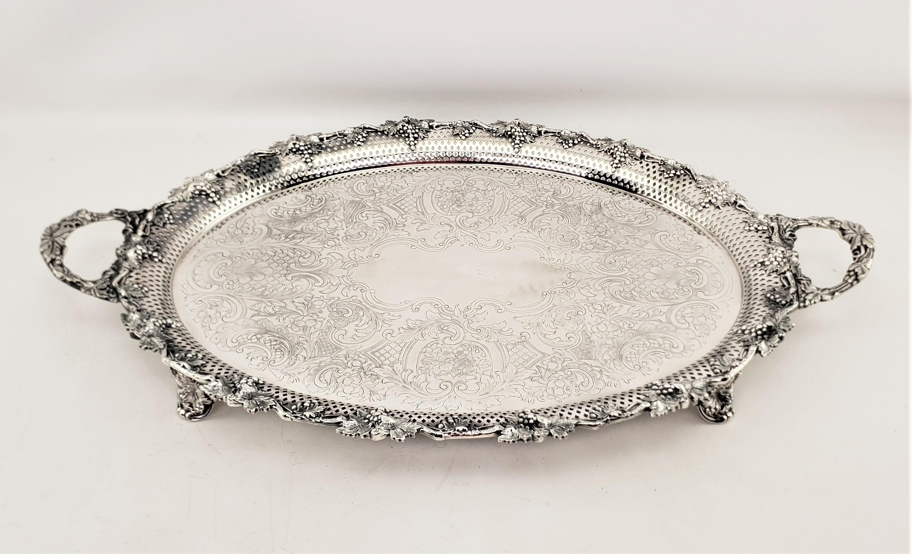 English Large Antique Oval Silver Plated Serving Tray with Grape & Leaf Decoration For Sale