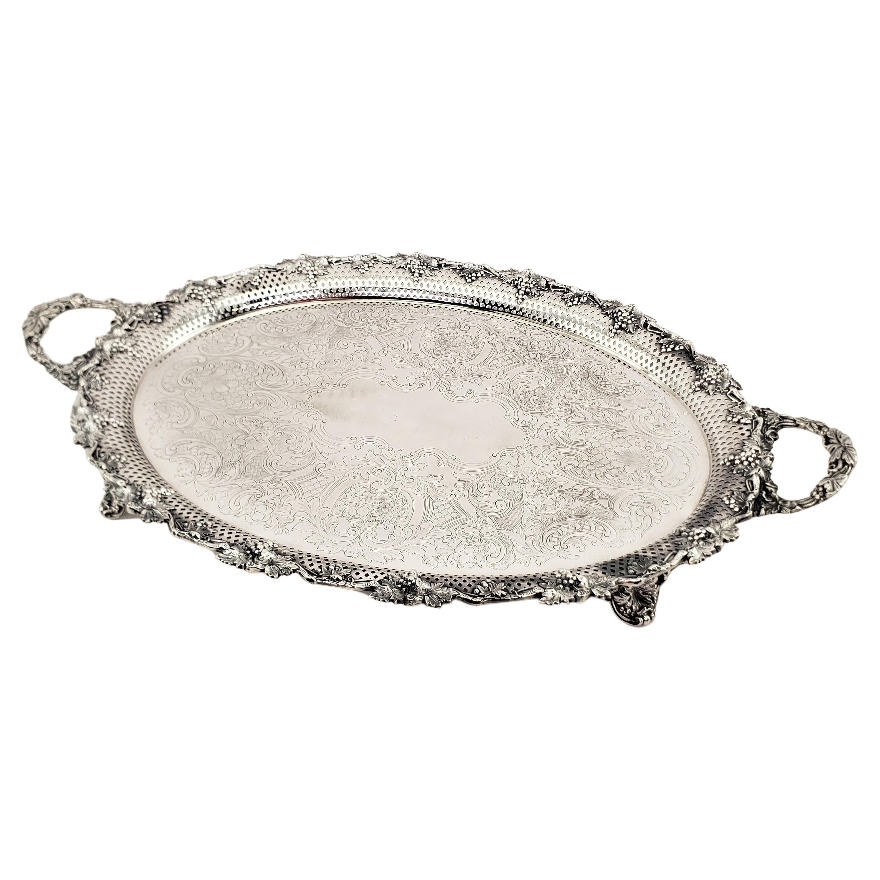 Large Antique Oval Silver Plated Serving Tray with Grape & Leaf Decoration For Sale