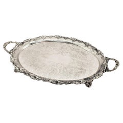 Large Antique Oval Silver Plated Serving Tray with Grape & Leaf Decoration