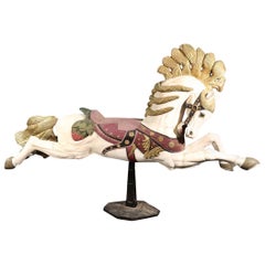 Large Antique Painted Carved Wood Carousel Horse on Stand, circa 1930s