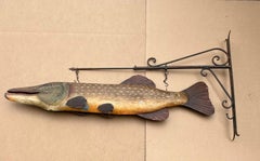 Large Antique Painted Folk Art Pike Trade Sign, Fish Monger’s Metal Shop Sign