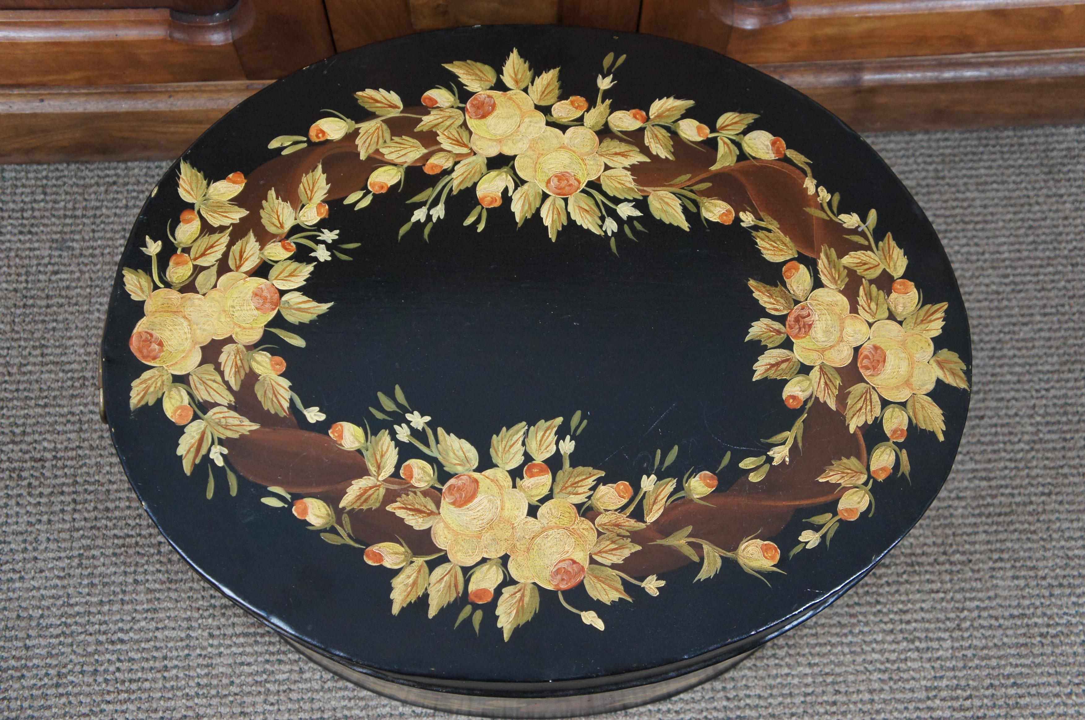 Folk Art Large Antique Painted Oval Lidded Metal Toleware Box Bin Yellow Roses For Sale