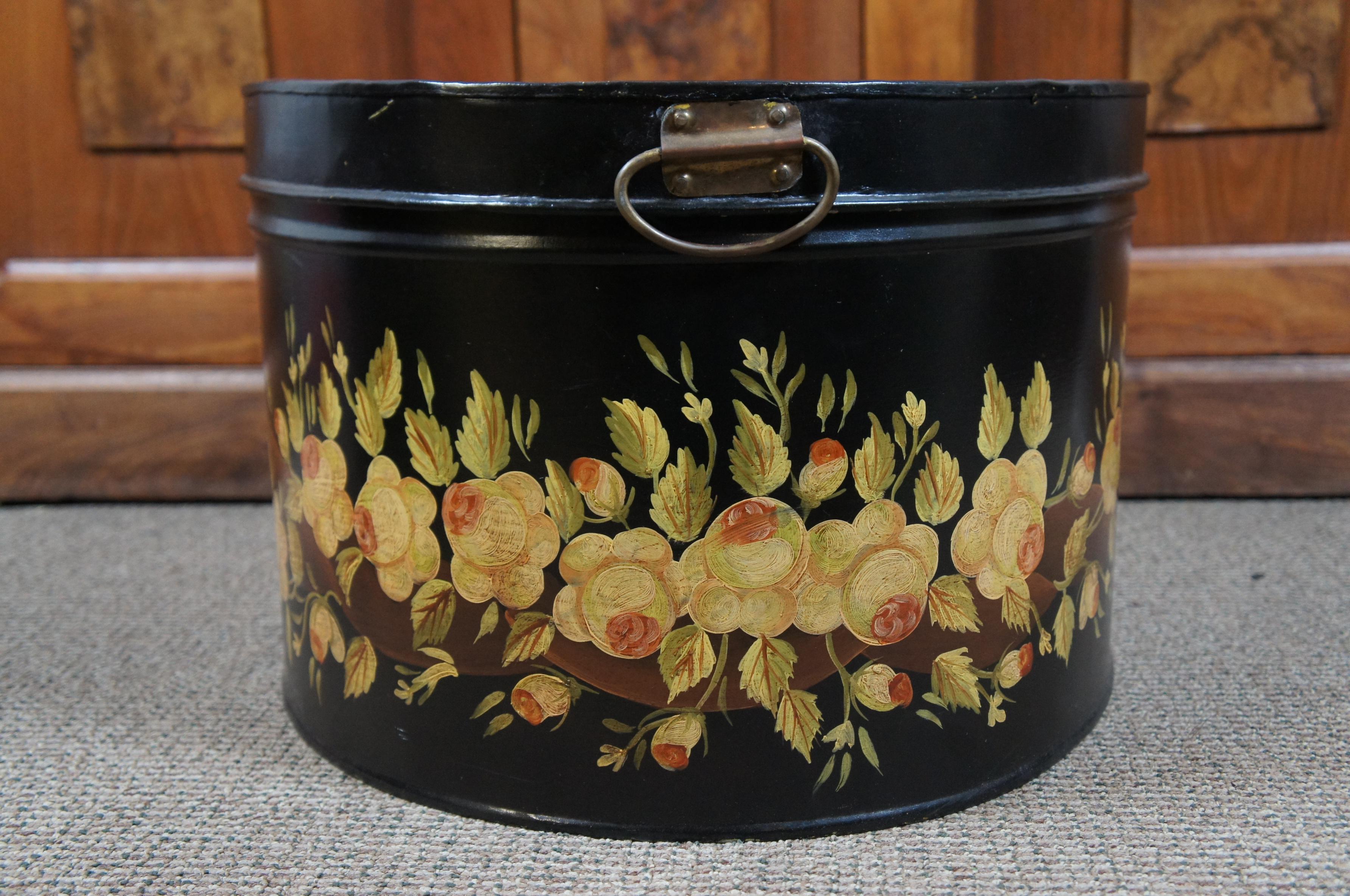 Large Antique Painted Oval Lidded Metal Toleware Box Bin Yellow Roses In Good Condition For Sale In Dayton, OH