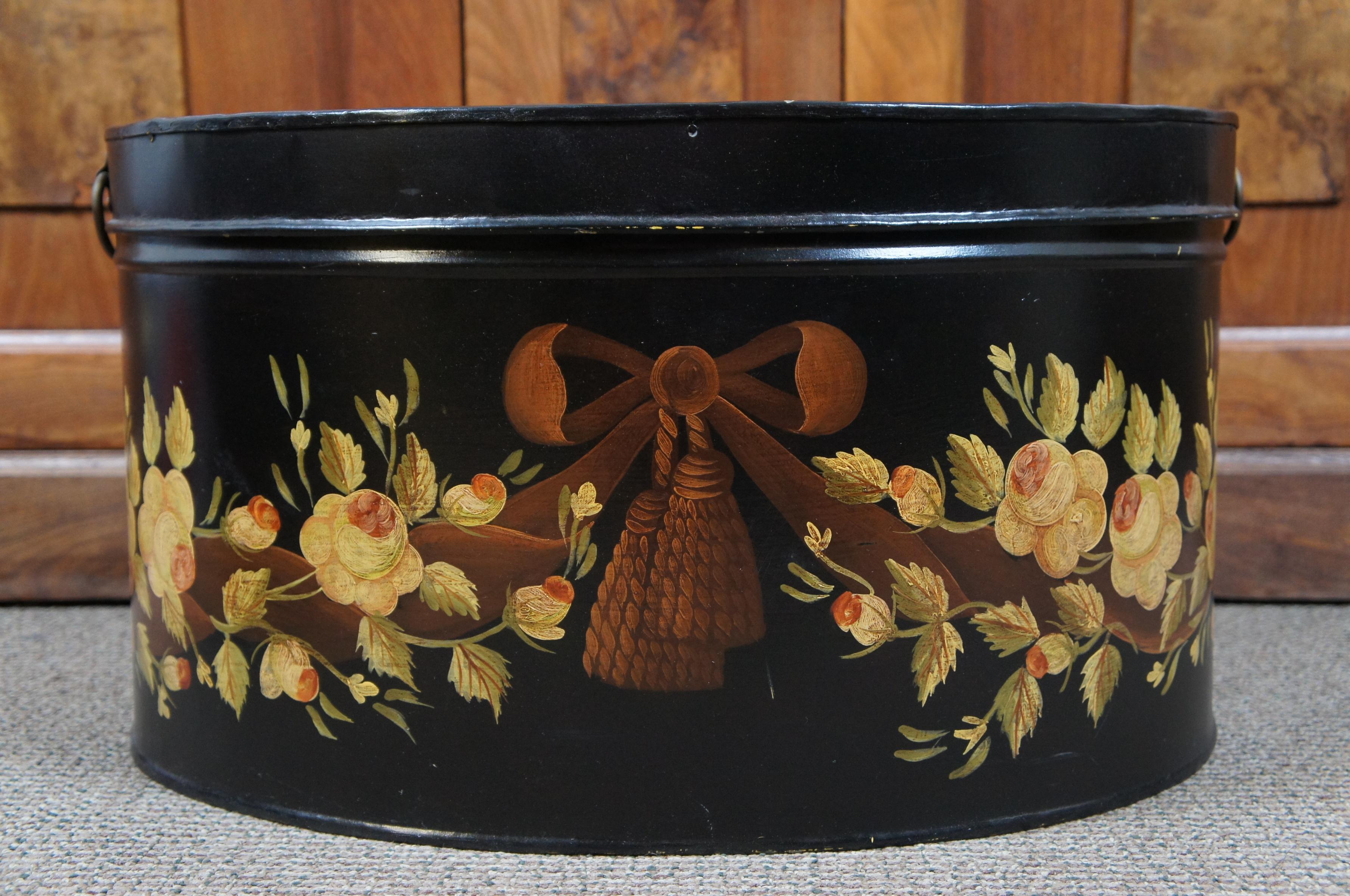 20th Century Large Antique Painted Oval Lidded Metal Toleware Box Bin Yellow Roses For Sale