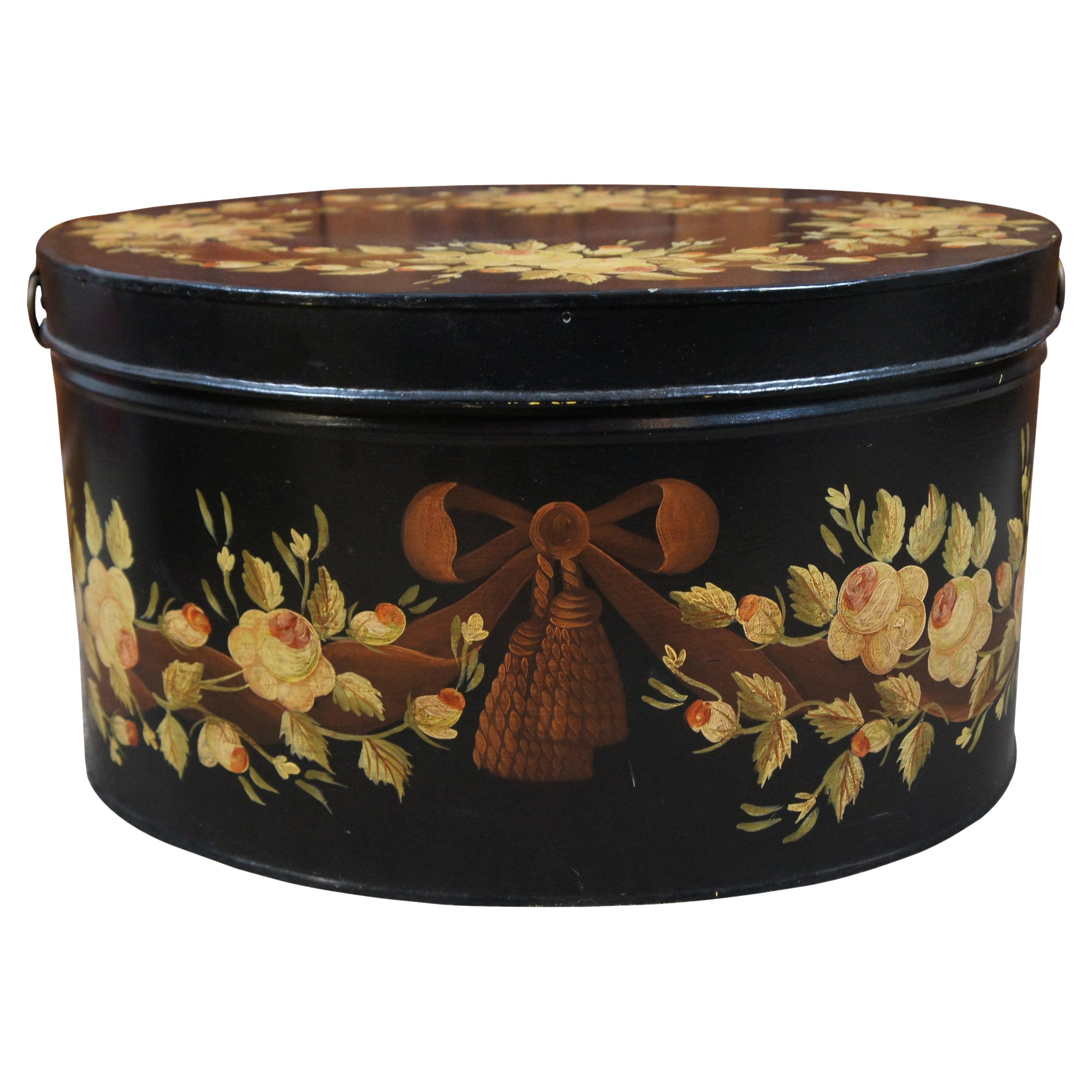 Large Antique Painted Oval Lidded Metal Toleware Box Bin Yellow Roses