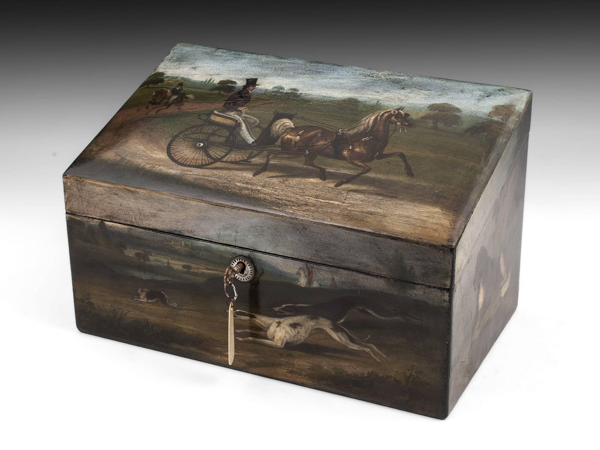 Large Antique Painted Horse & Cart Papier Mache Tea Caddy 19th Century For Sale 3