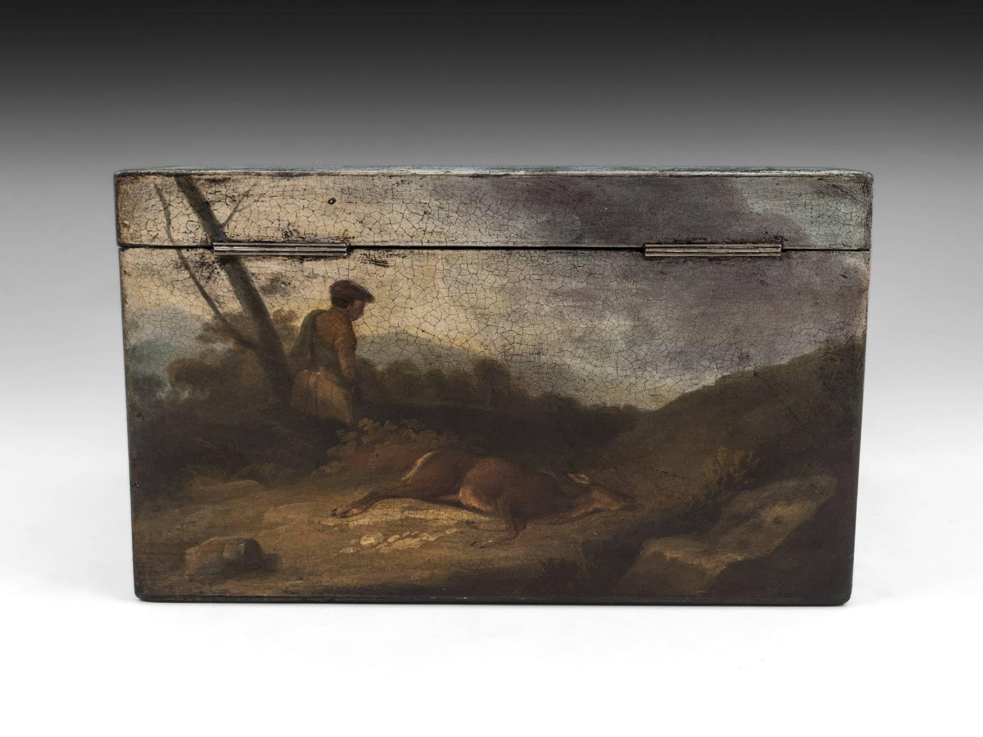 British Large Antique Painted Horse & Cart Papier Mache Tea Caddy 19th Century For Sale