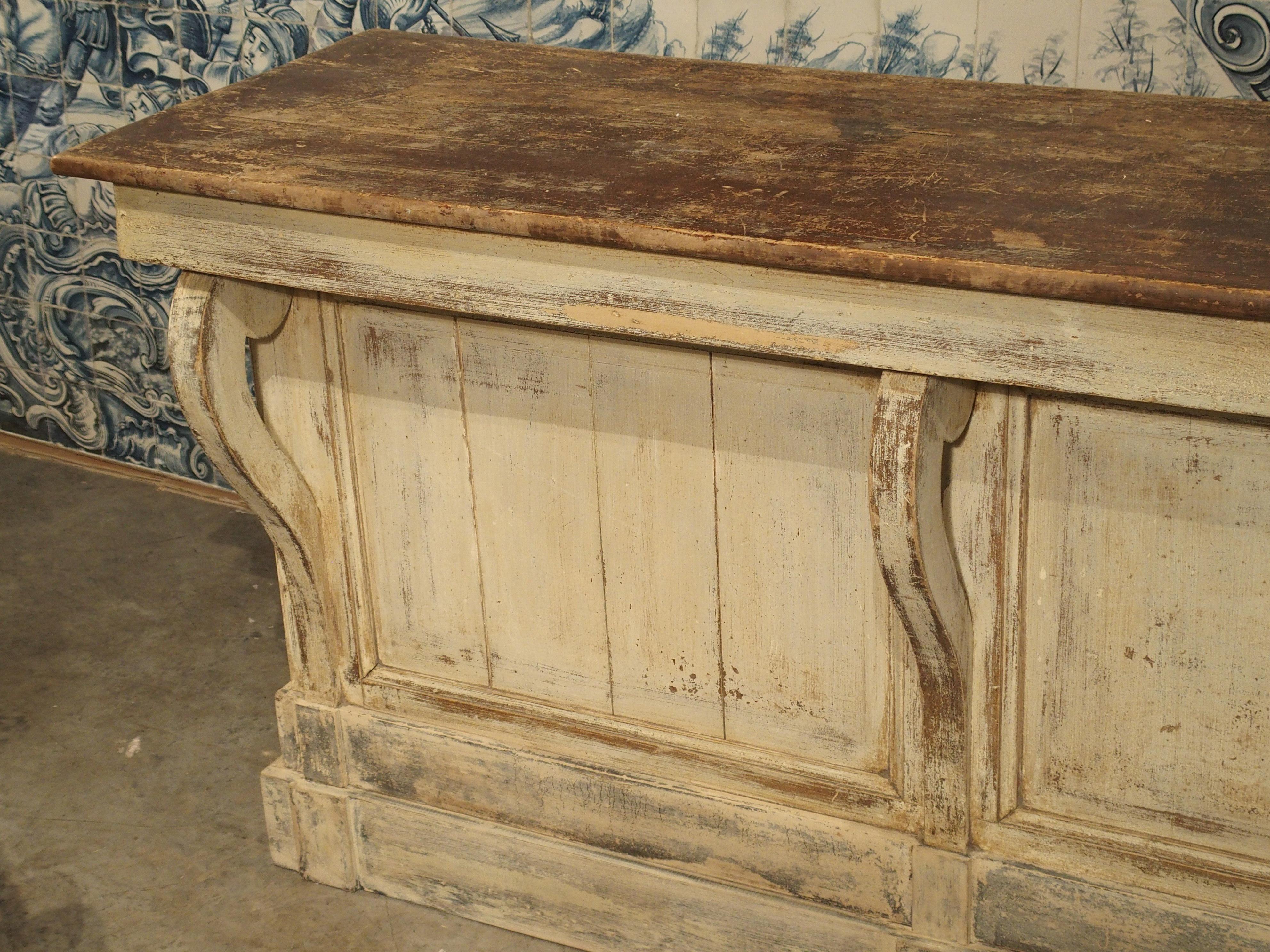 19th Century Large Antique Painted Wooden Counter or Bar from France, circa 1880