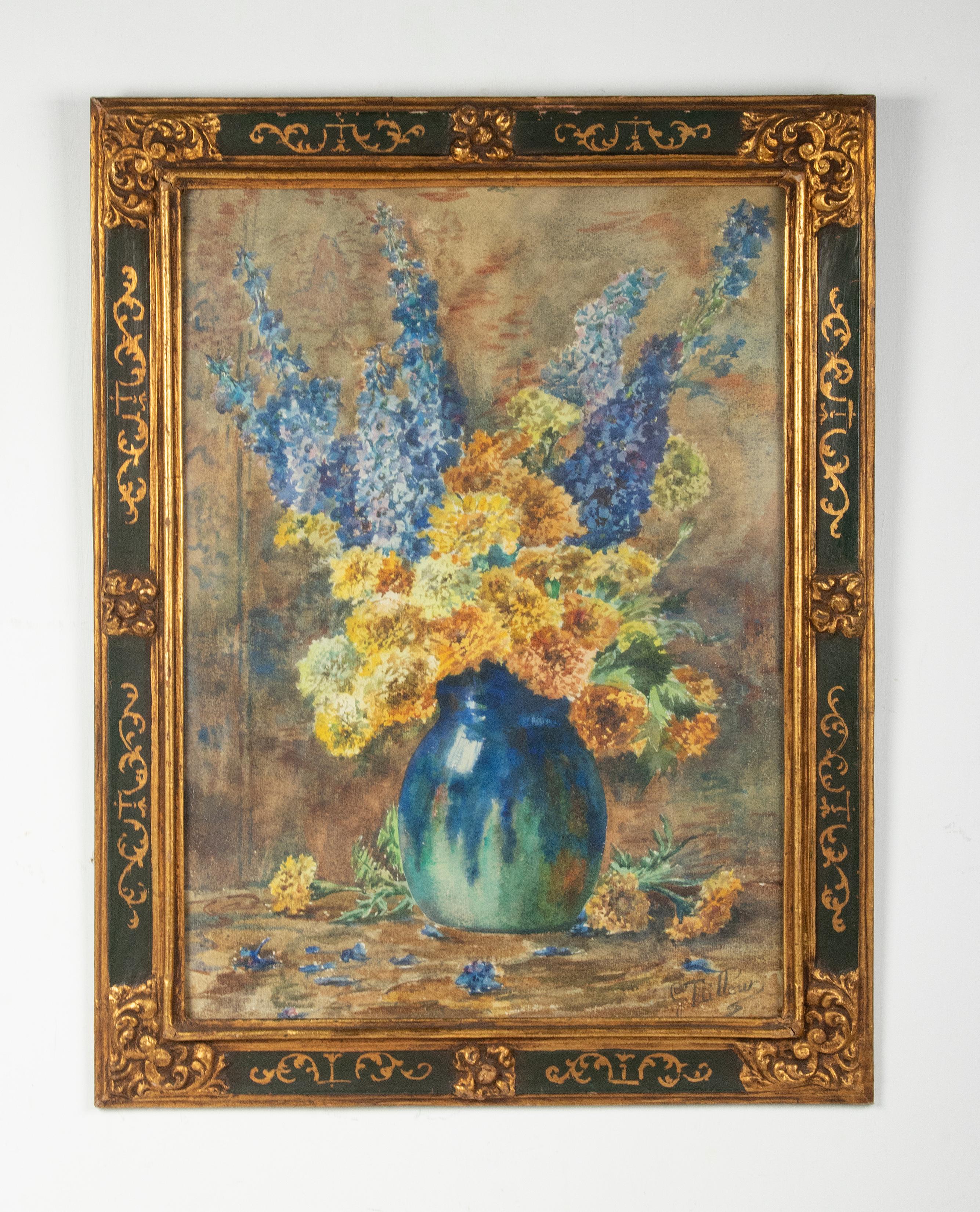 Beautiful flower still life, painted in watercolor, by the French female artist Germaine Mélanie Tailleur. The painting dates from circa 1910-1920. The painting has a lively use of color, the blue color of the delphinium flowers contrasts