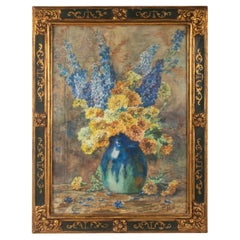 Grande peinture ancienne de Mlanie Tailleur, nature morte de fleurs à l'aquarelle