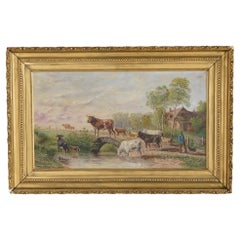 Large Antique Painting, Landscape Farm Scene with Cattle, by Hebing, Early 20thC