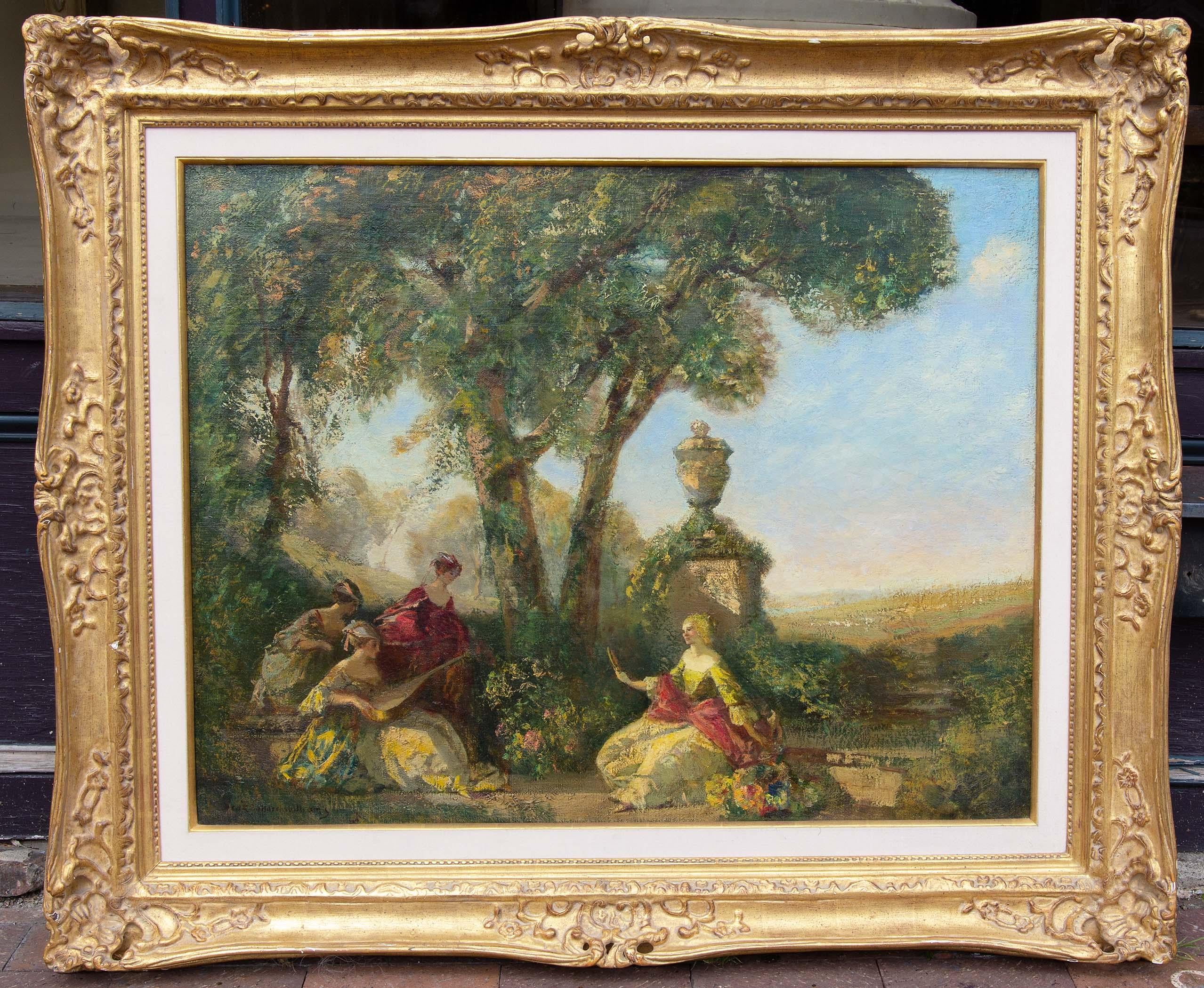 Large impressionist painting of ladies in the garden by American artist Frederick Ballard Williams (1871-1956). In a fabulous carved gilt frame. Oil on canvas, circa 1920s. Please, contact us for shipping options. 

 Williams was a painter of