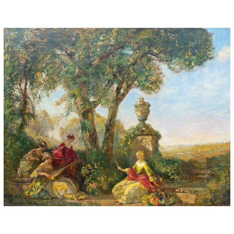 Large Antique Painting Summer Garden Scene by Frederick Ballard Williams For Sale