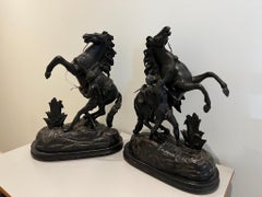 Large Antique Pair of 19th Century Sculptured Marley Horses, After Coustou