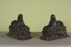 Large Antique Pair of Bronze Sphinxs on Rocky Bases