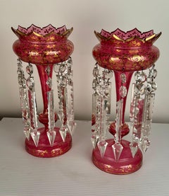 Large Antique Pair of Gilt  Cranberry Lusters