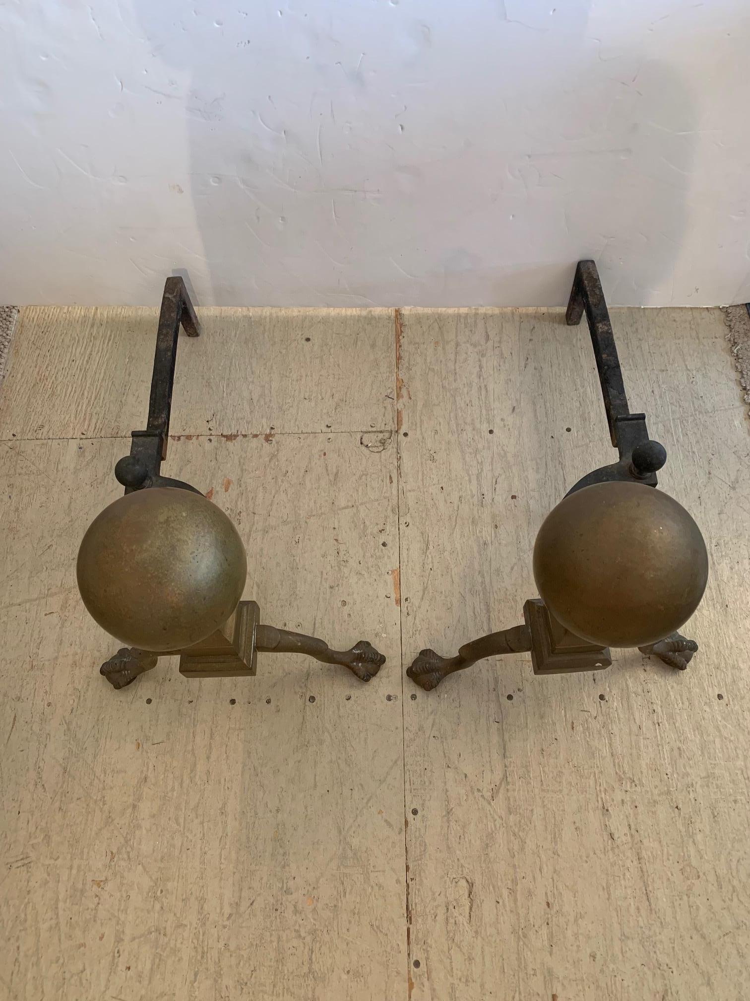 North American Large Antique Pair of Handsome Brass & Iron Cannonball Andirons