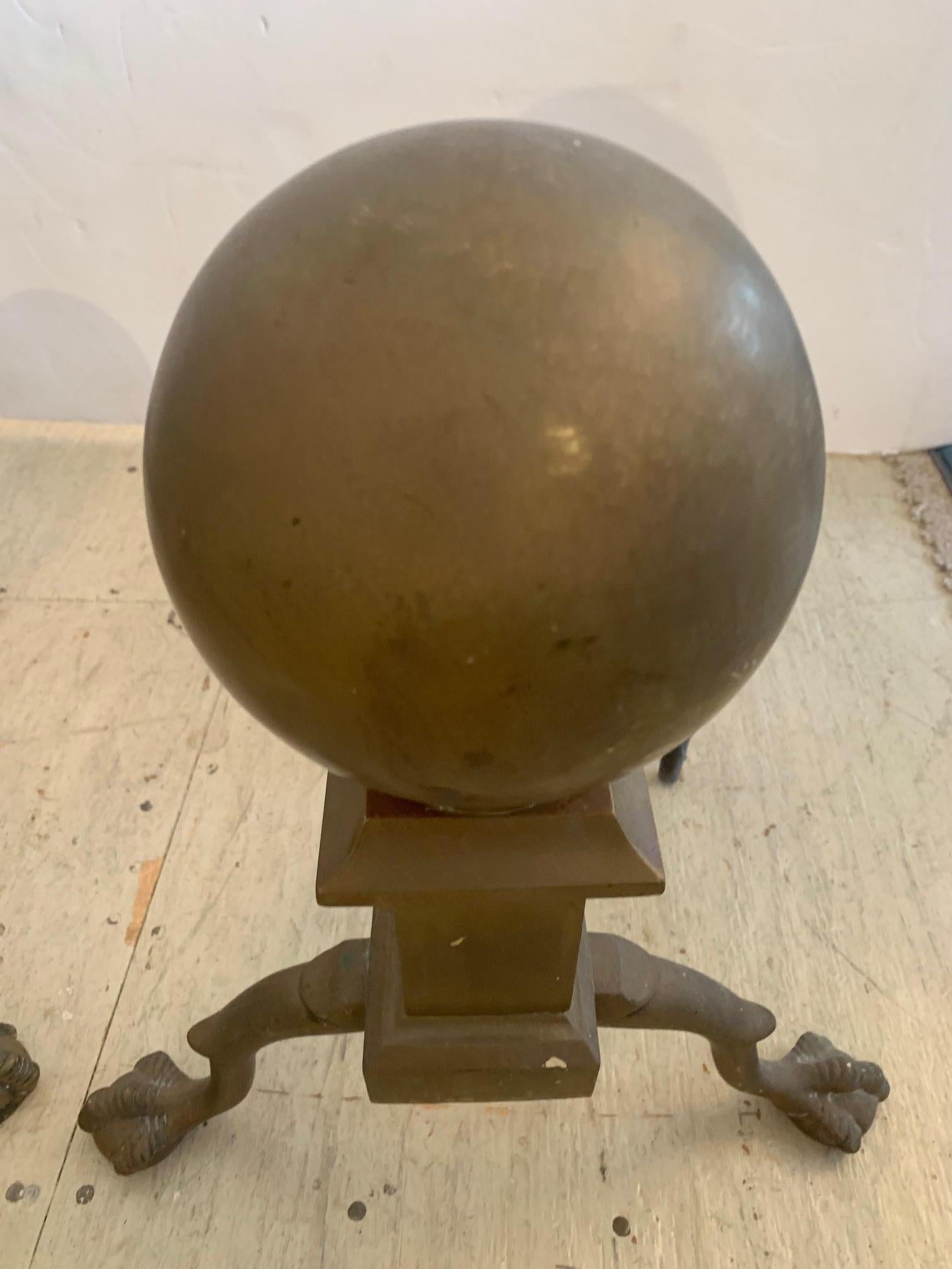 Large Antique Pair of Handsome Brass & Iron Cannonball Andirons In Good Condition In Hopewell, NJ