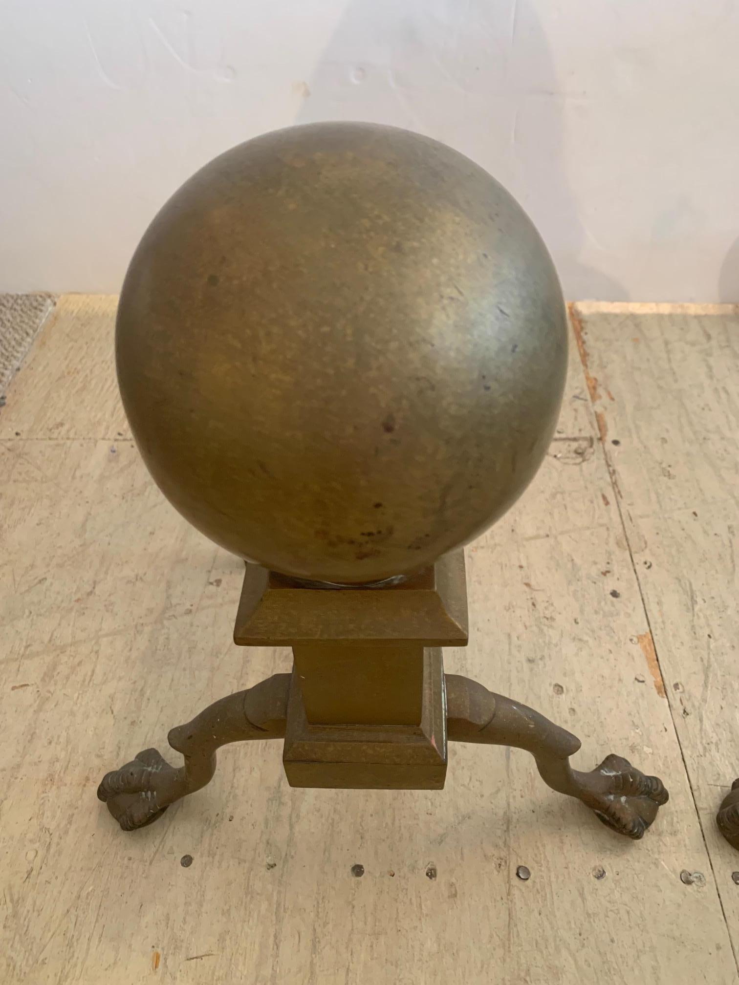 Early 20th Century Large Antique Pair of Handsome Brass & Iron Cannonball Andirons