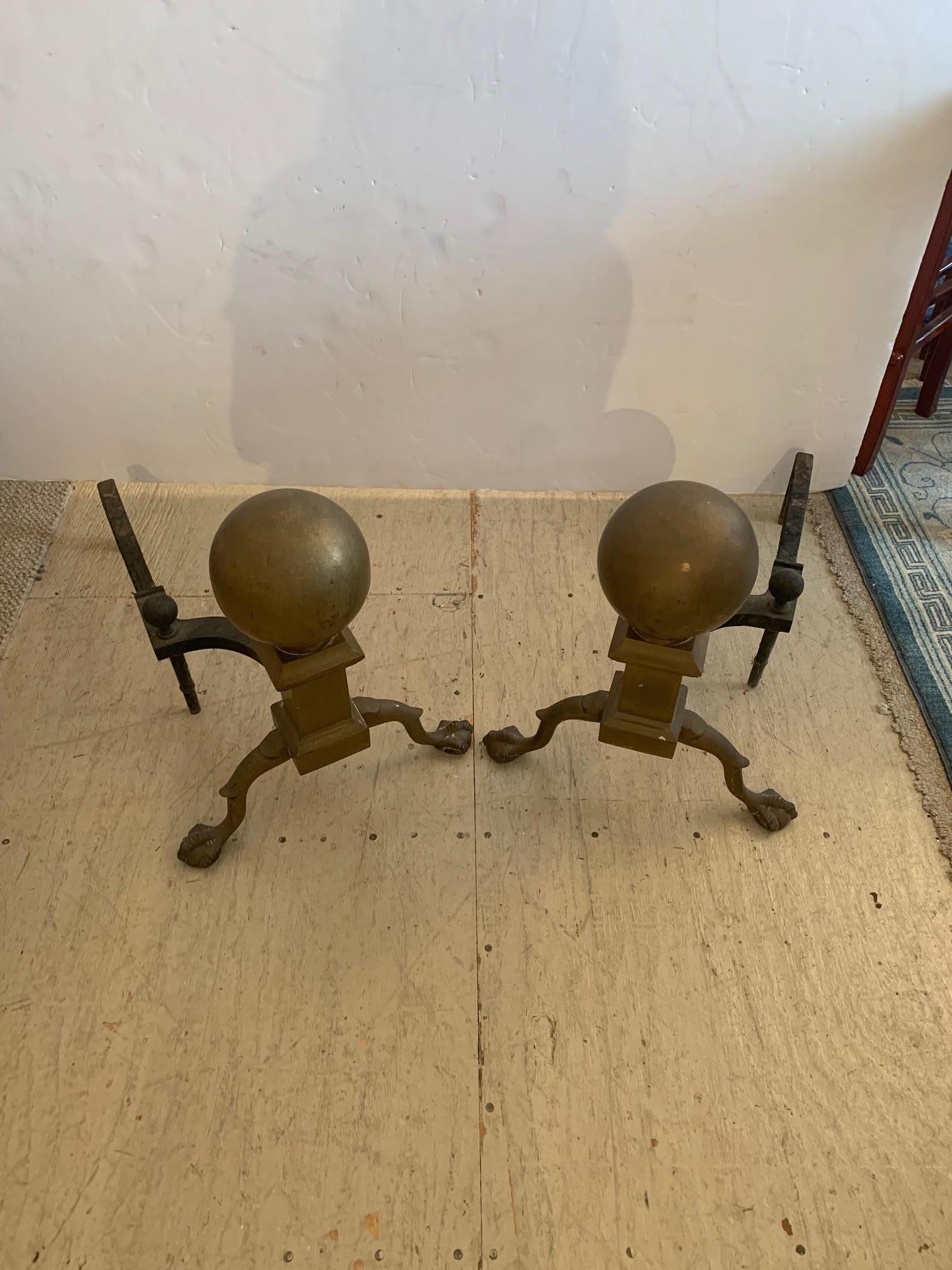 Large Antique Pair of Handsome Brass & Iron Cannonball Andirons 3