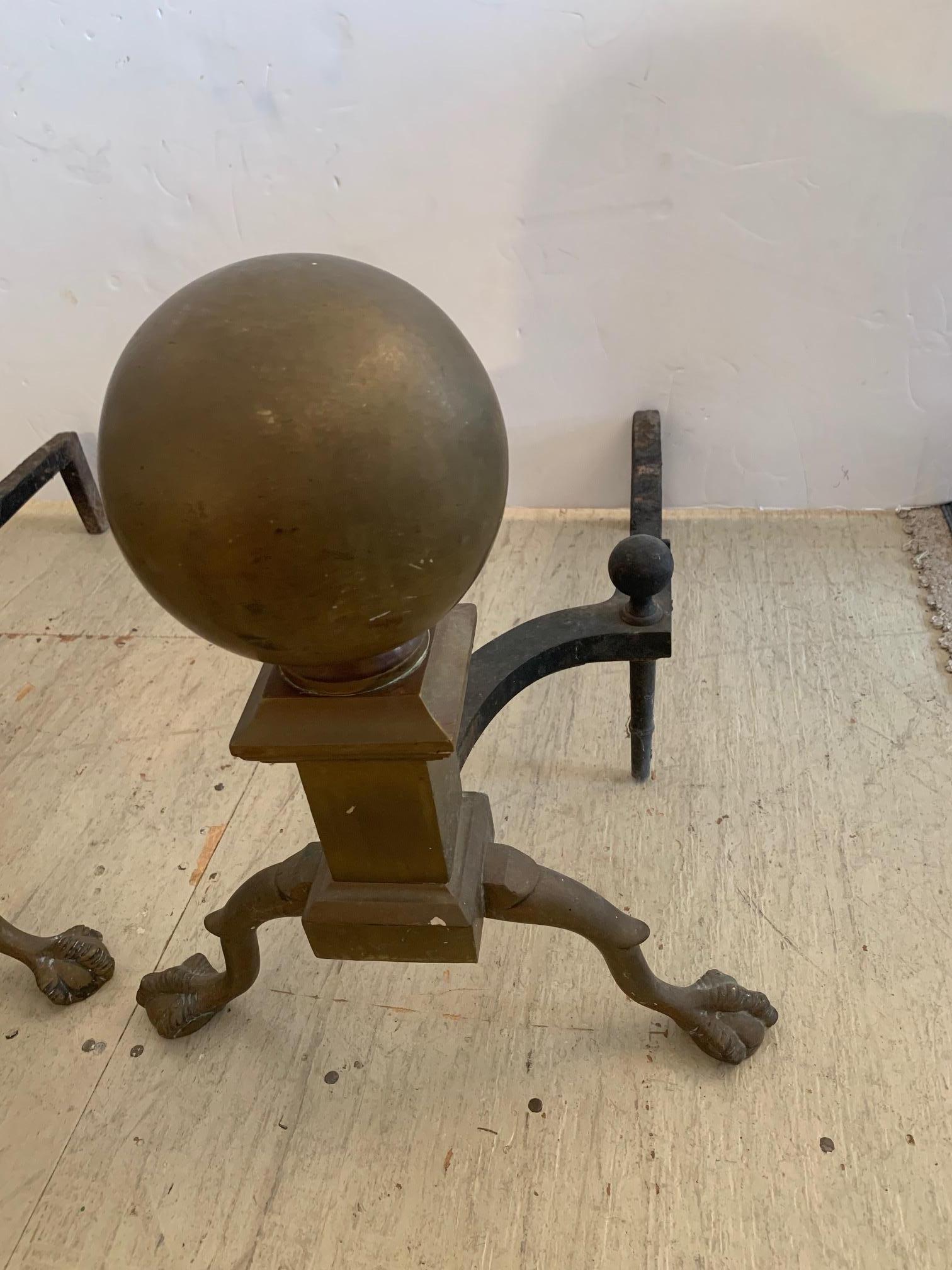 Large Antique Pair of Handsome Brass & Iron Cannonball Andirons 4
