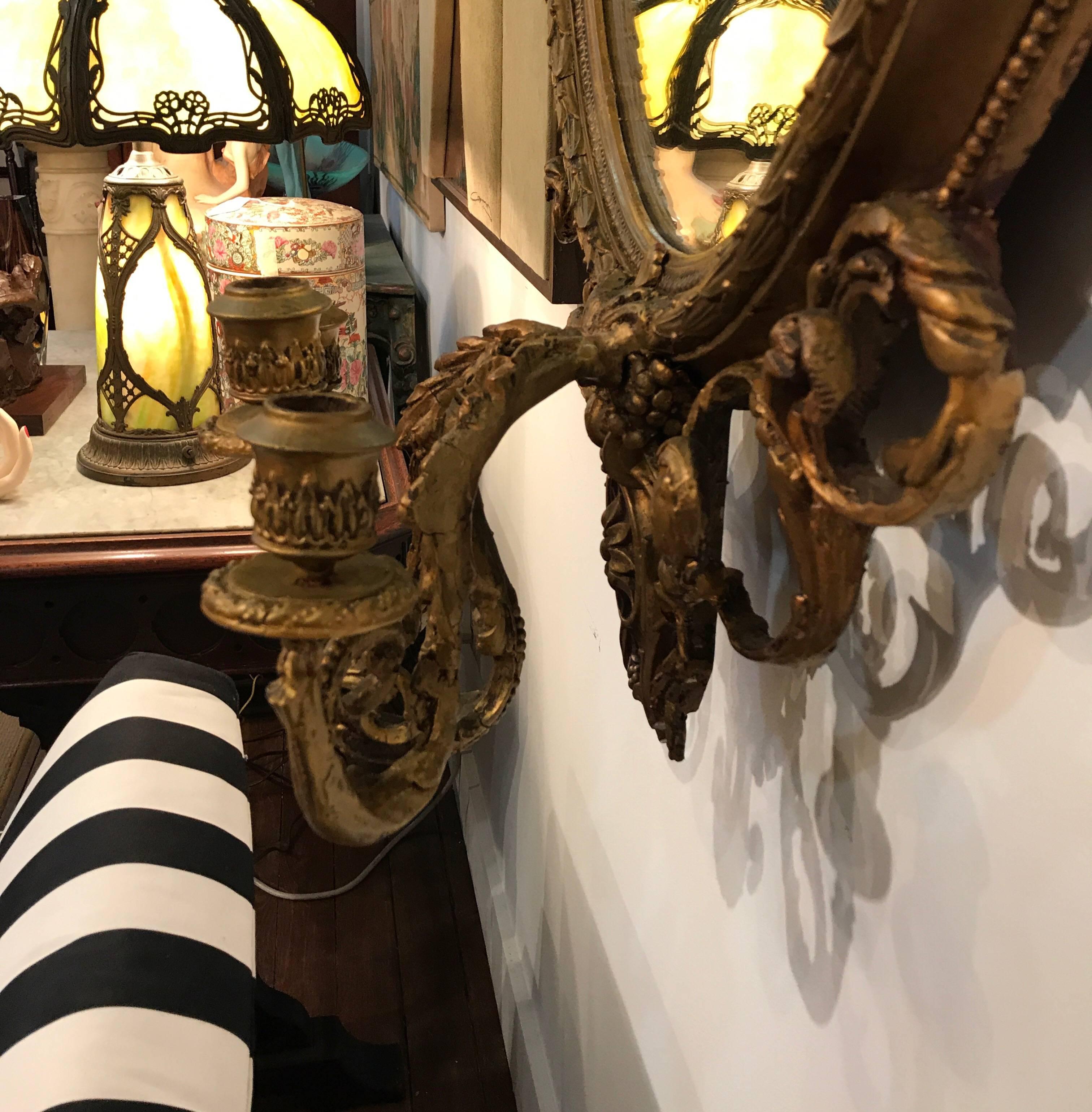 European Large Antique Pair of Oval Gilt Girondole Mirrors