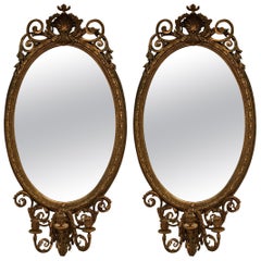 Large Antique Pair of Oval Gilt Girondole Mirrors