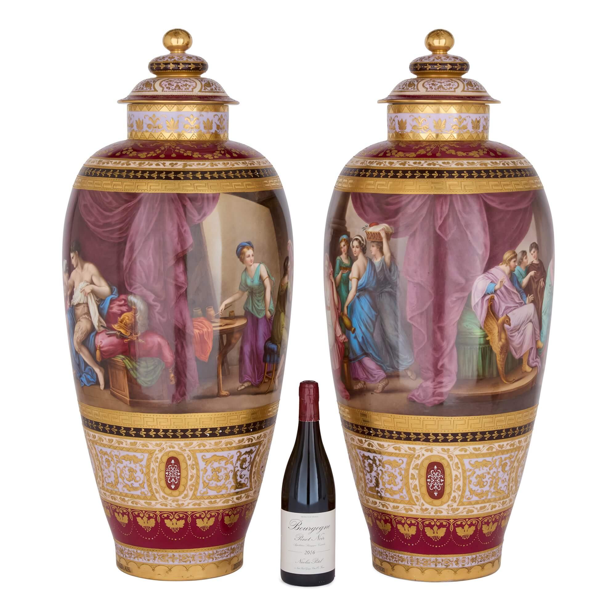 Large Antique Pair of Royal Vienna Vases with Lids For Sale at 1stDibs