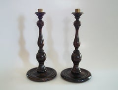 Large Antique Pair of Turned Hardwood & Brass Candlesticks - U.K. - Circa 1880