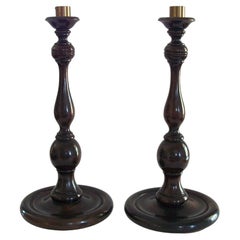 Large Antique Pair of Turned Hardwood & Brass Candlesticks - U.K. - Circa 1880