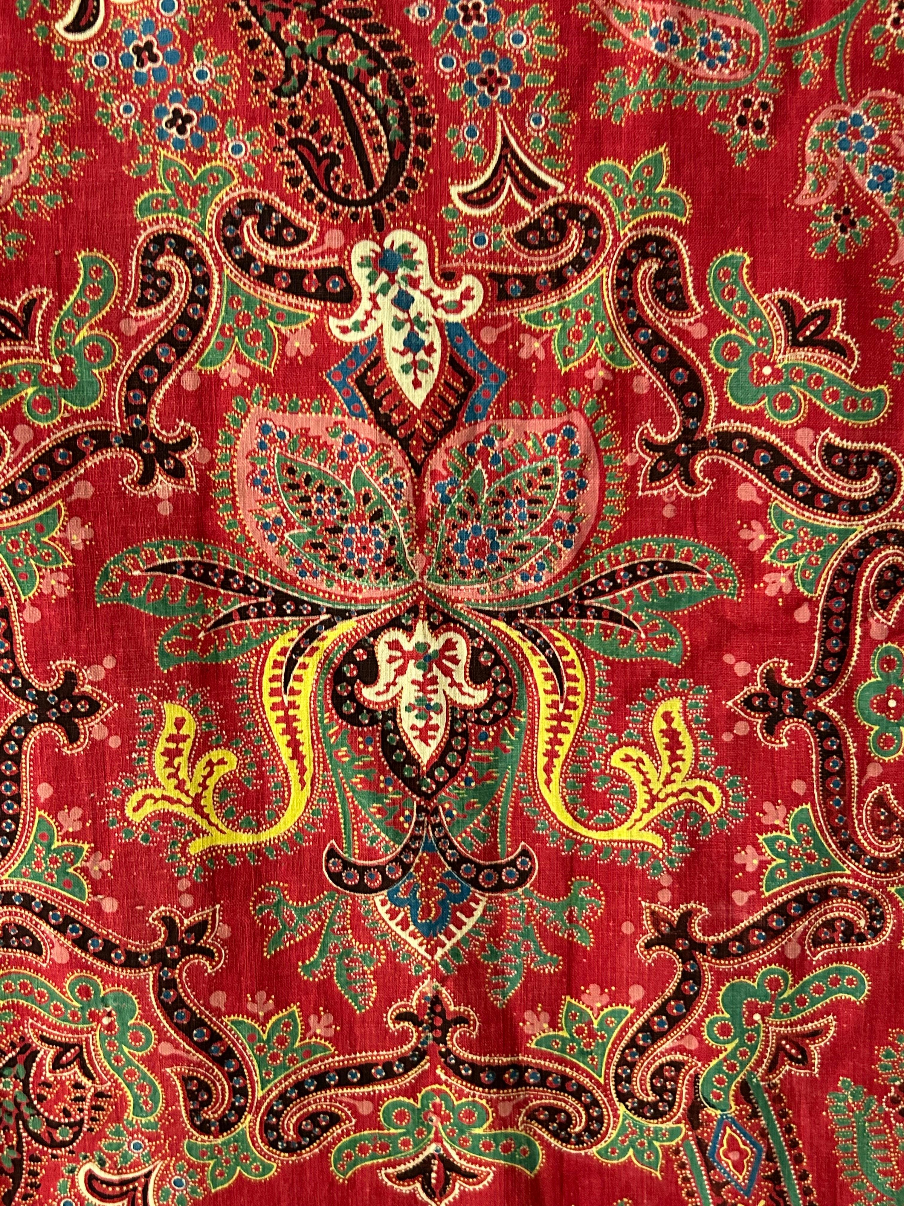 Silk Large Antique Paisley Curtain Textile in Red with Pattern, France, 19th Century For Sale