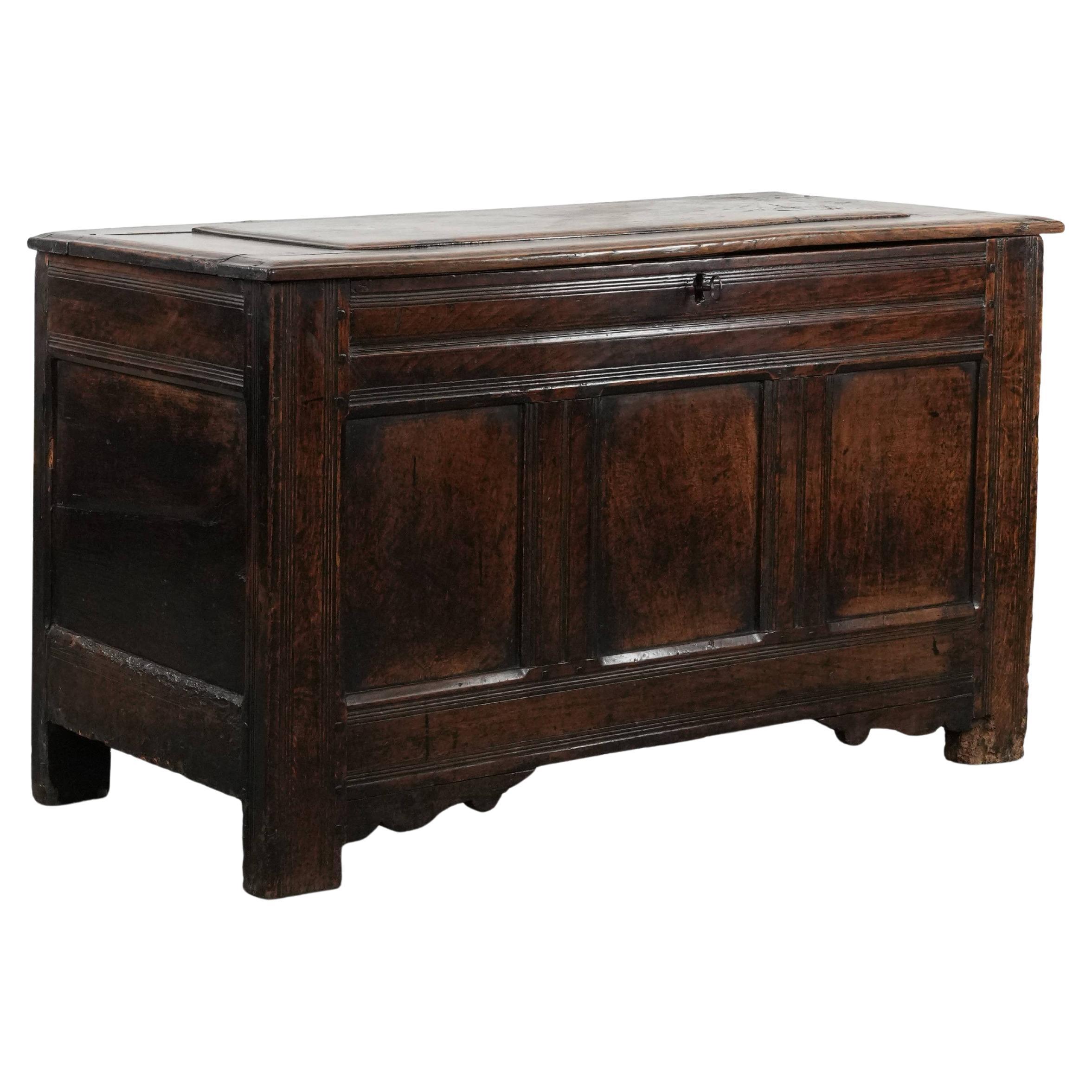 Large antique panelled English oak chest from the 18th century