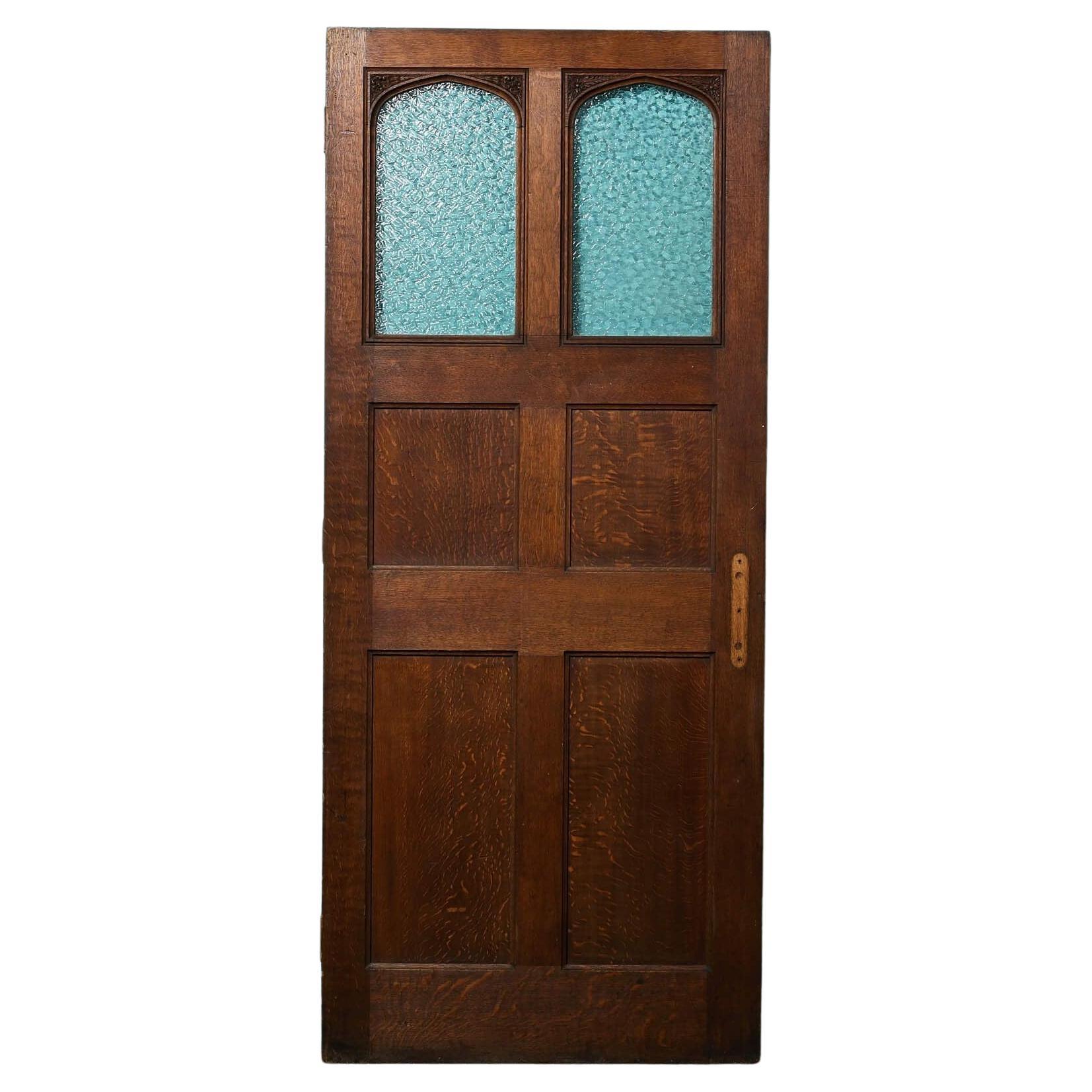 Large Antique Panelled Oak Door with Textured Glass