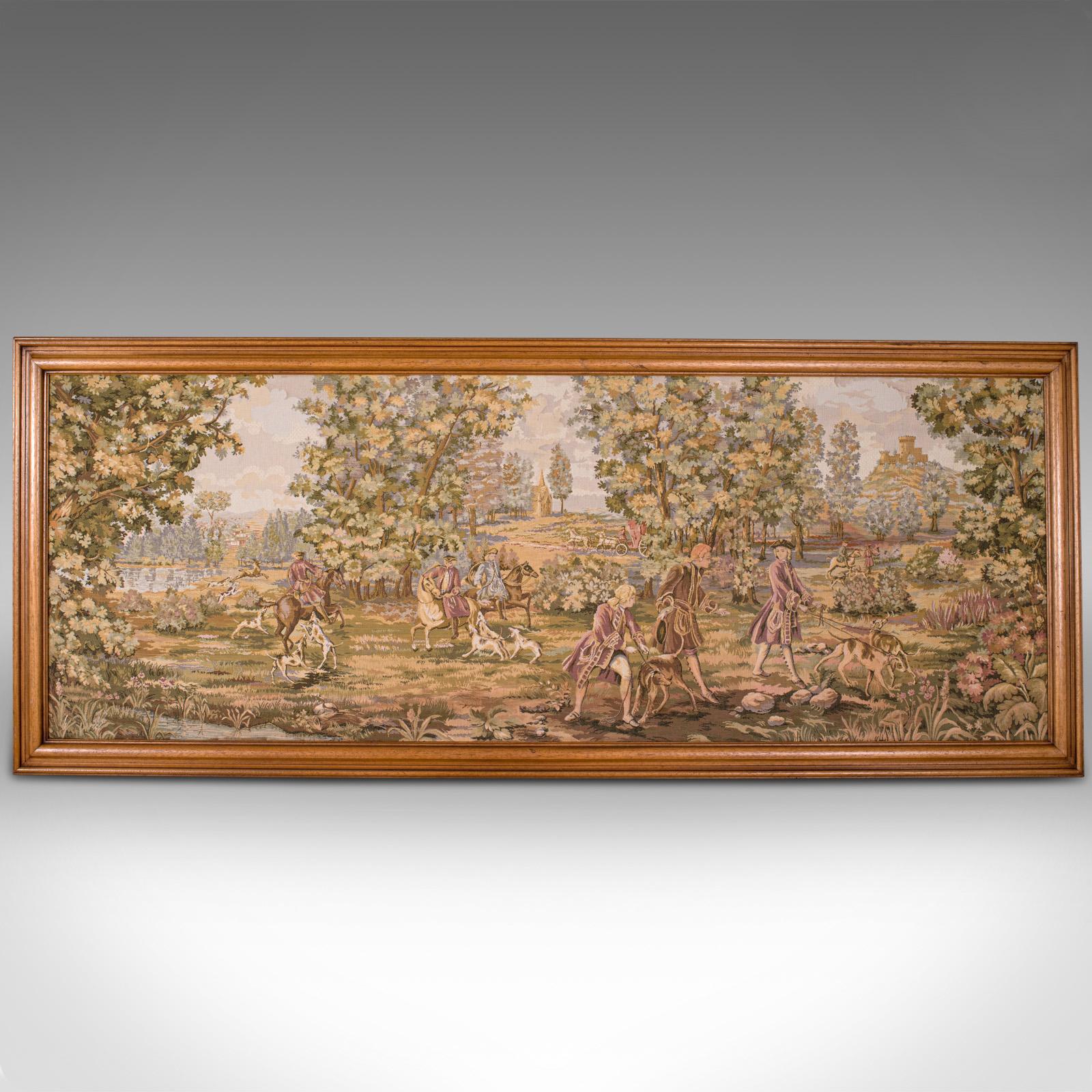 This is a large antique panoramic tapestry. A French, needlepoint decorative panel with mahogany frame, dating to the Edwardian period, circa 1910.

Fascinatingly wide with great detail and colour
Displays a desirable aged patina