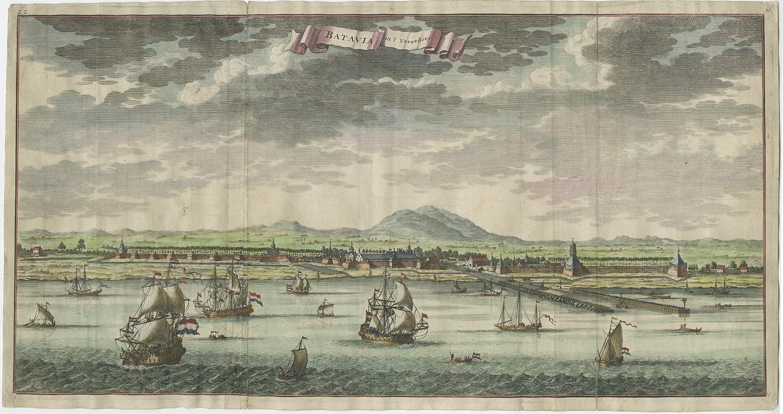 Antique print Indonesia titled 'Batavia in 't Verschiet'. 

Large panoramic view on Batavia, present day Jakarta, Indonesia. Originates from 'Oud en Nieuw Oost-Indiën (..)' by François Valentyn / Valentijn, published in 1724-1726. VOC.

Artists