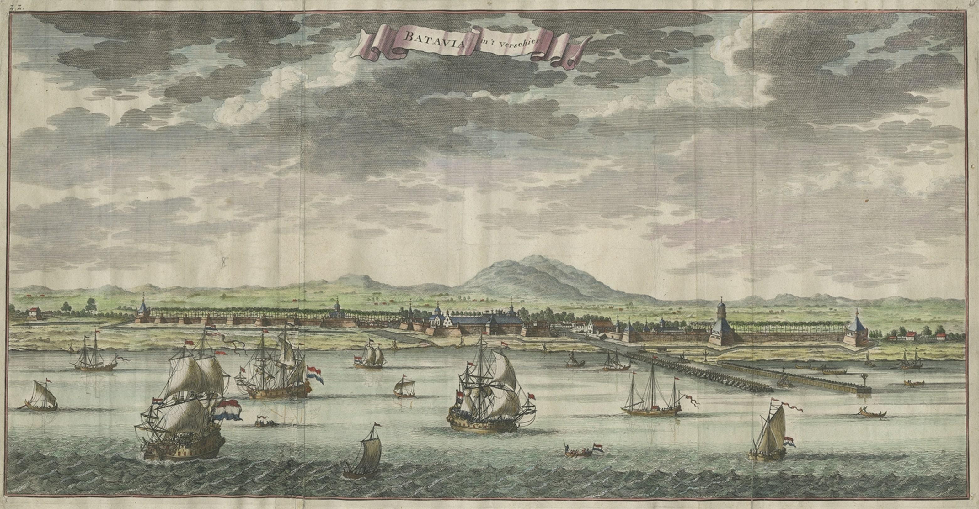 Large Antique Panoramic View on Batavia, Present Day Jakarta, Indonesia, 1726 In Good Condition For Sale In Langweer, NL
