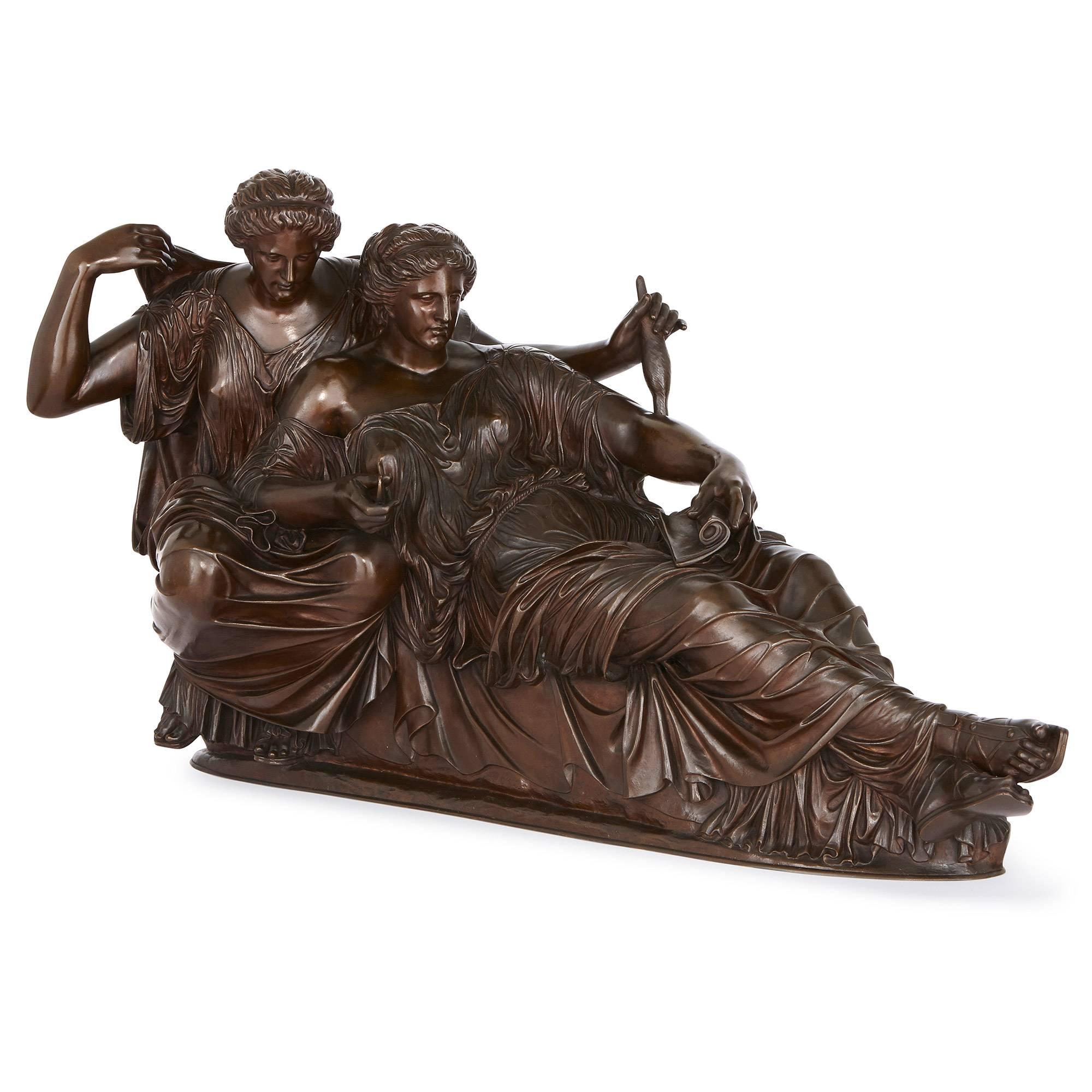This fine and large bronze group is beautifully cast by the Parisian workshop of Ferdinand Barbedienne, perhaps the most prominent foundry of the late 19th century. The work is based on an ancient sculpture, formerly in the Parthenon, and currently