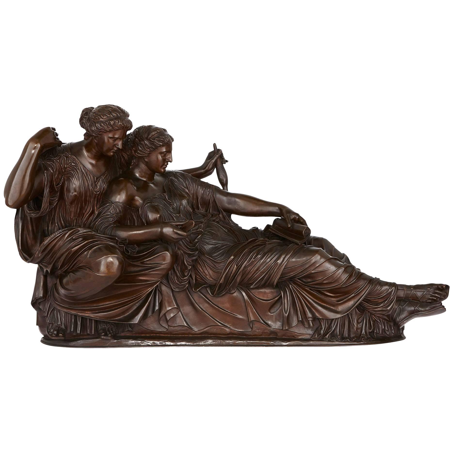 Large Antique Patinated Bronze Sculpture of the Two Fates by Barbedienne