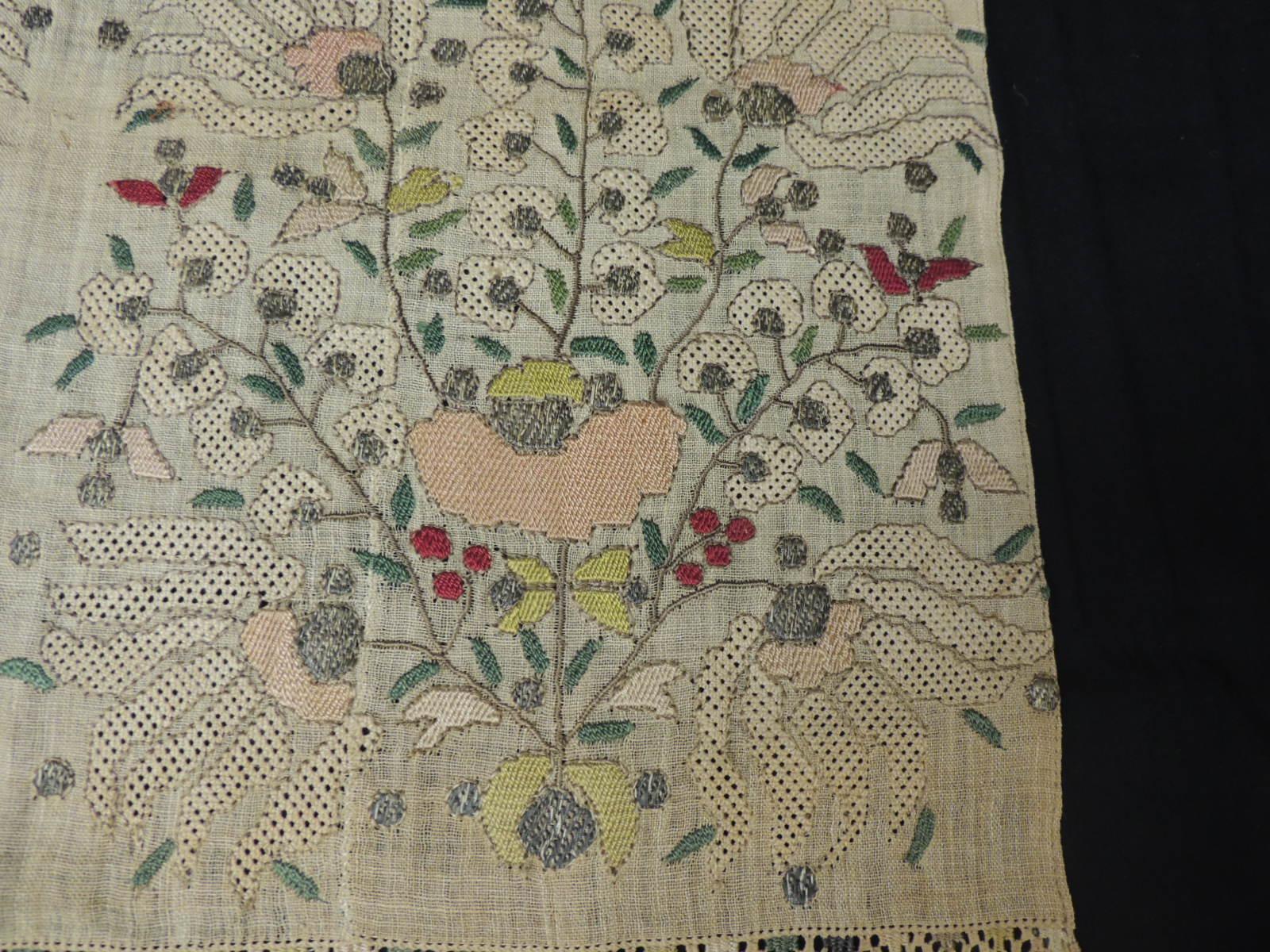 Suzani Large Antique Peach and Yellow Turkish Embroidered Mesh Floral Textile