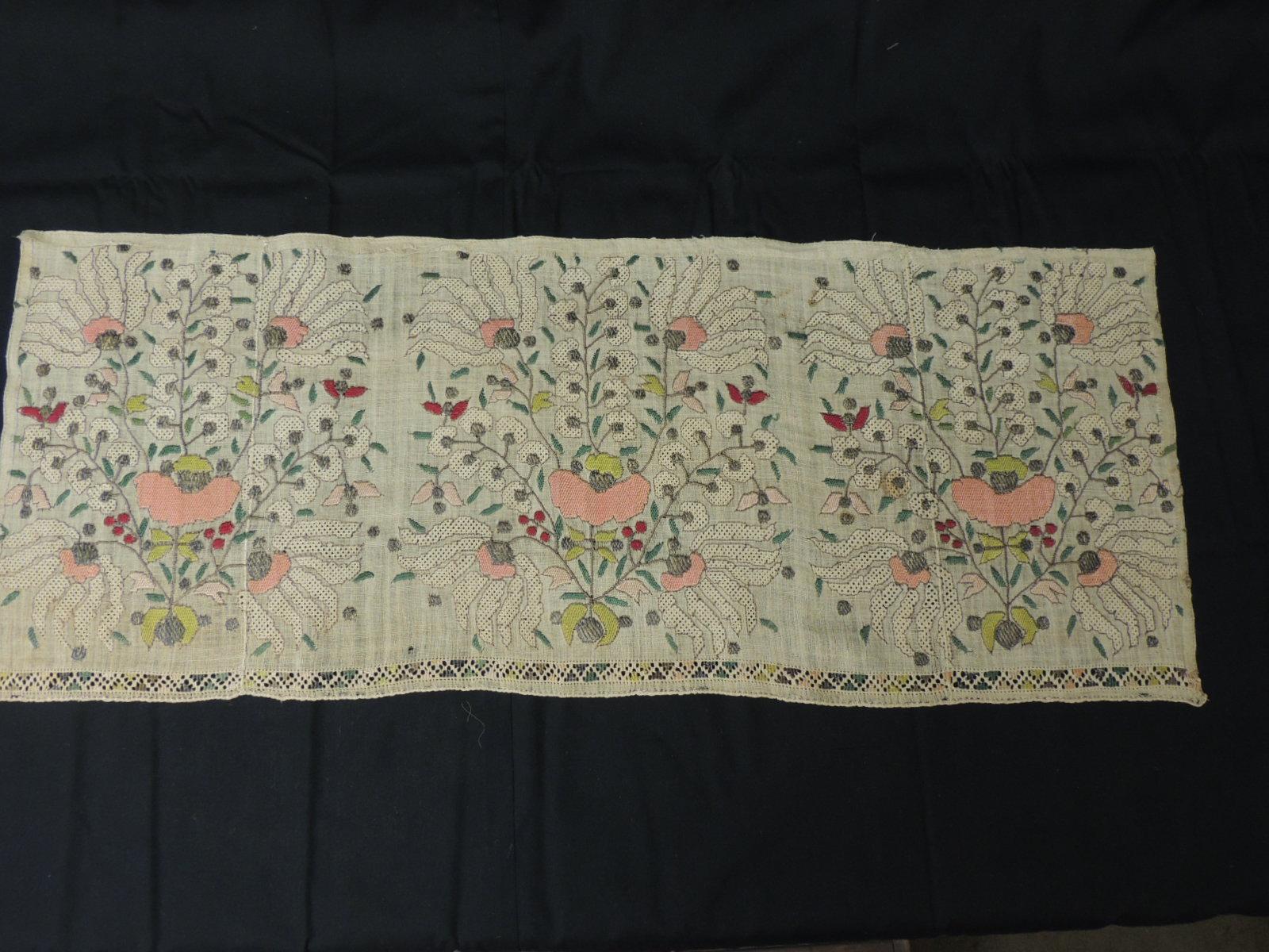 Large Antique Peach and Yellow Turkish Embroidered Mesh Floral Textile In Good Condition In Oakland Park, FL