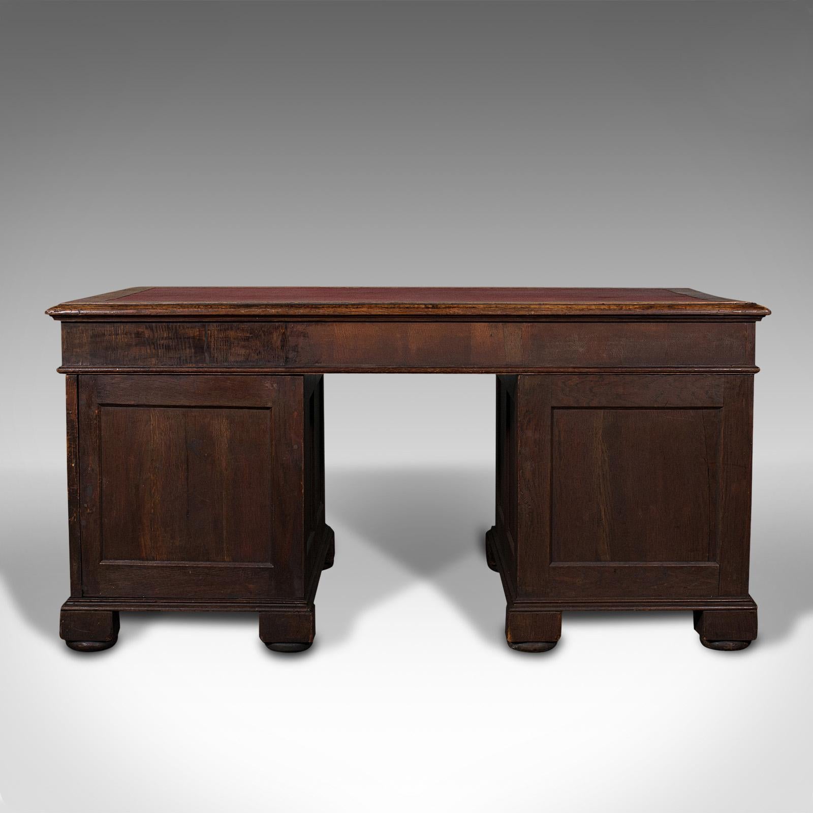 British Large Antique Pedestal Desk, English, Oak, Gothic Revival, Victorian, Circa 1870