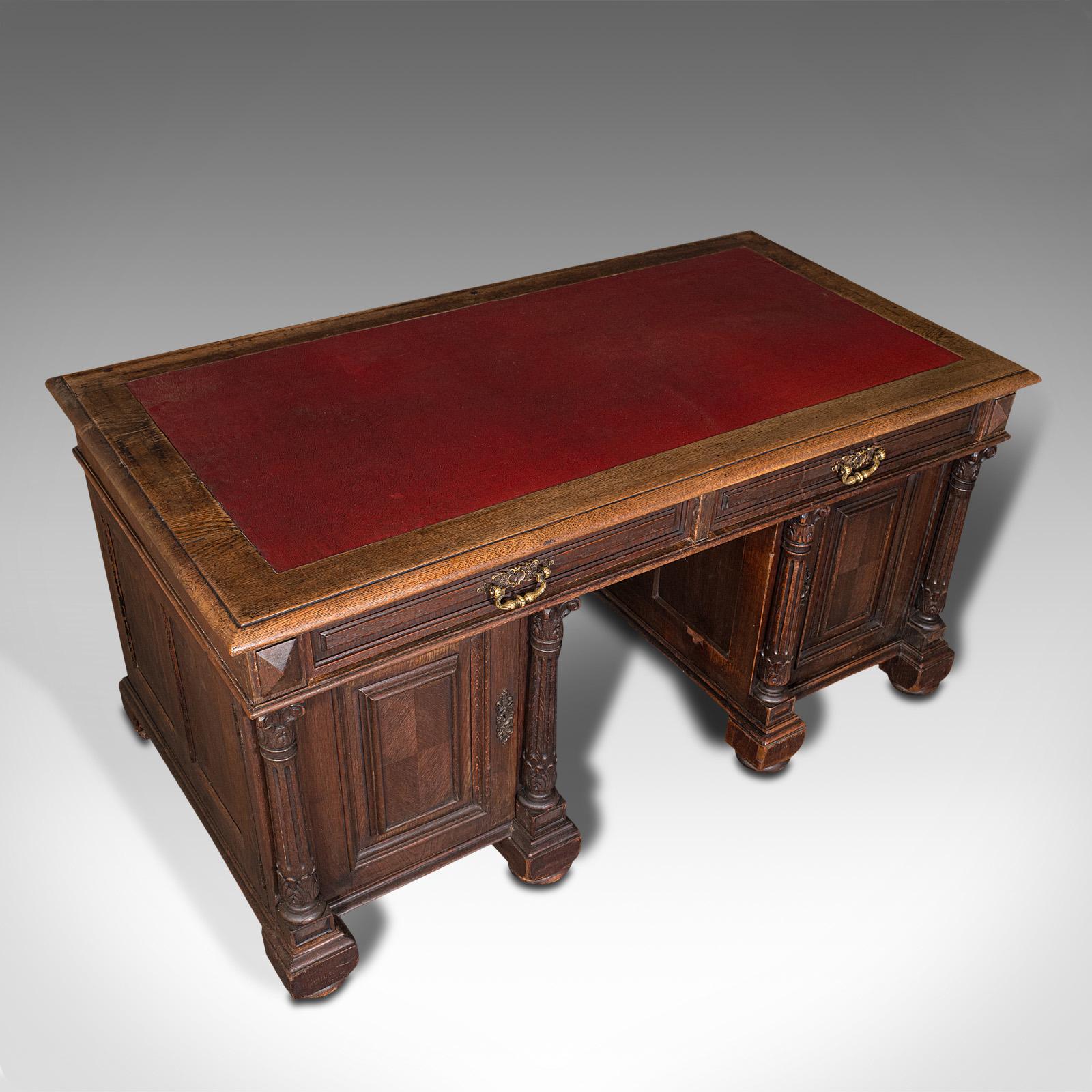 Large Antique Pedestal Desk, English, Oak, Gothic Revival, Victorian, Circa 1870 In Good Condition In Hele, Devon, GB