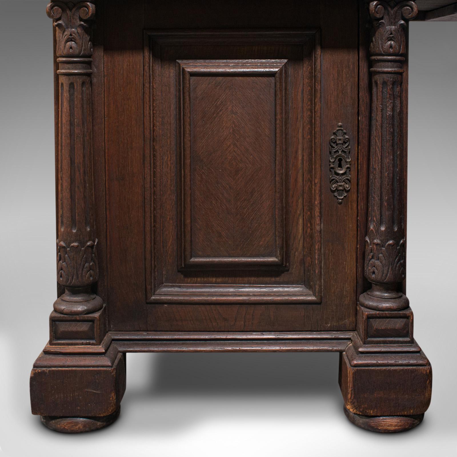 Large Antique Pedestal Desk, English, Oak, Gothic Revival, Victorian, Circa 1870 1