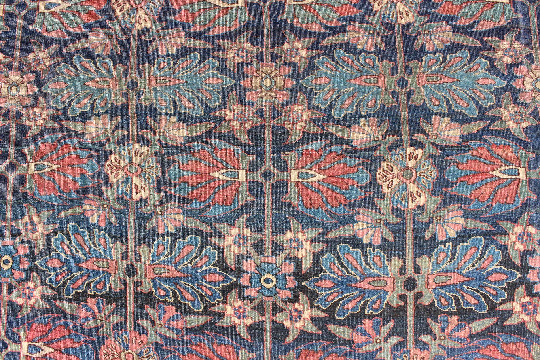 Large Antique Persian Bidjar Rug in Blue Background and Floral Pattern 4