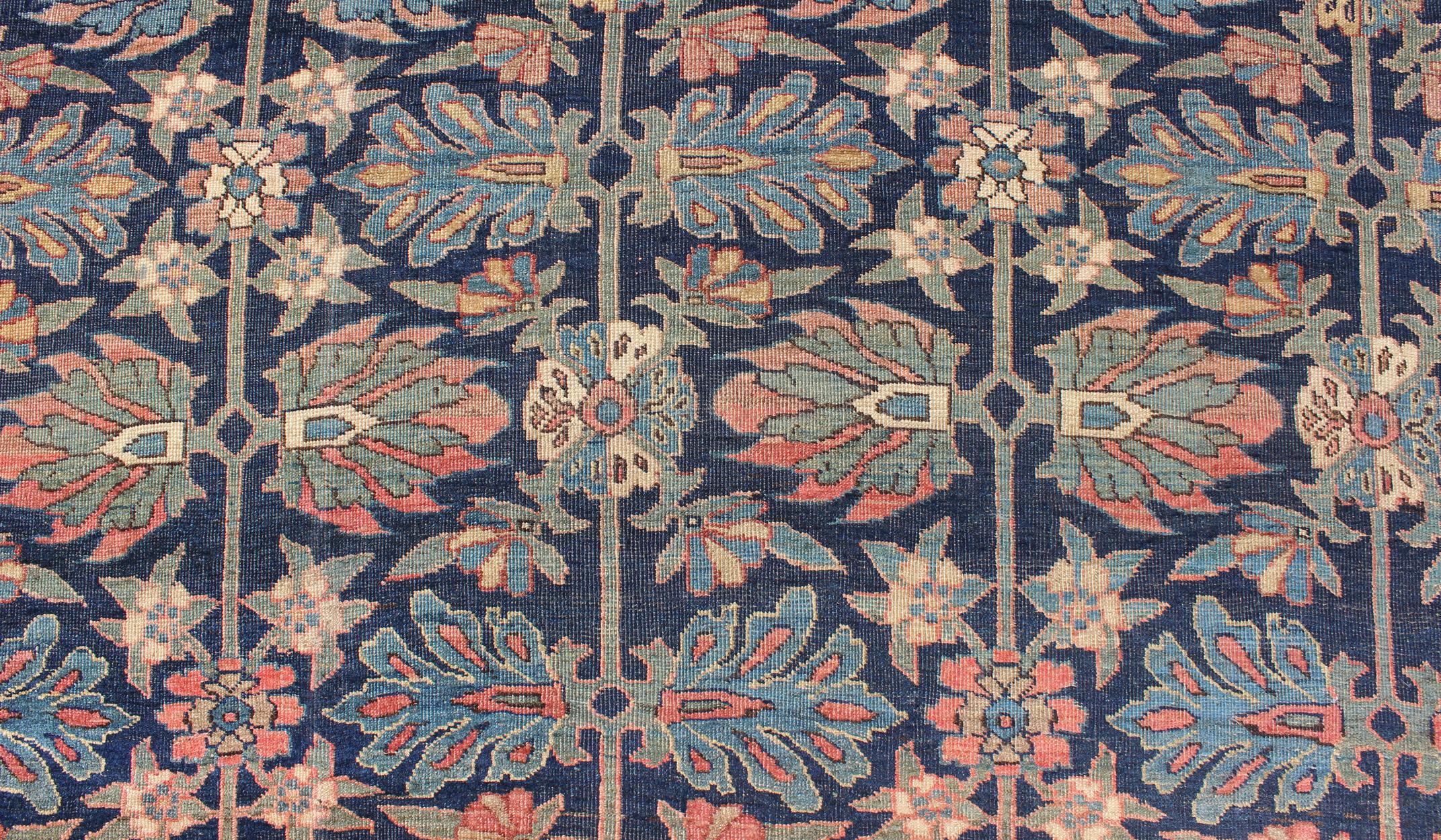 Large Antique Persian Bidjar Rug in Blue Background and Floral Pattern 5