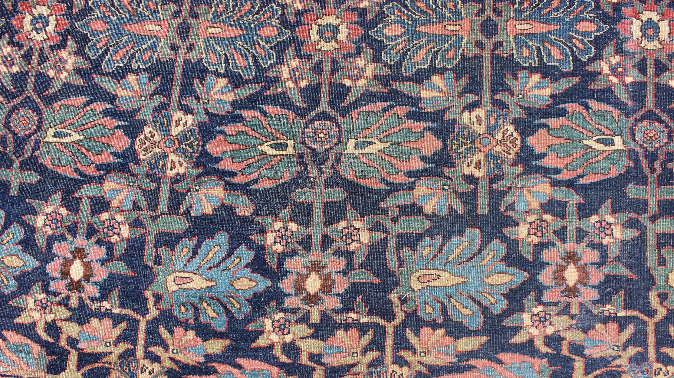 Large Antique Persian Bidjar Rug in Blue Background and Floral Pattern 3