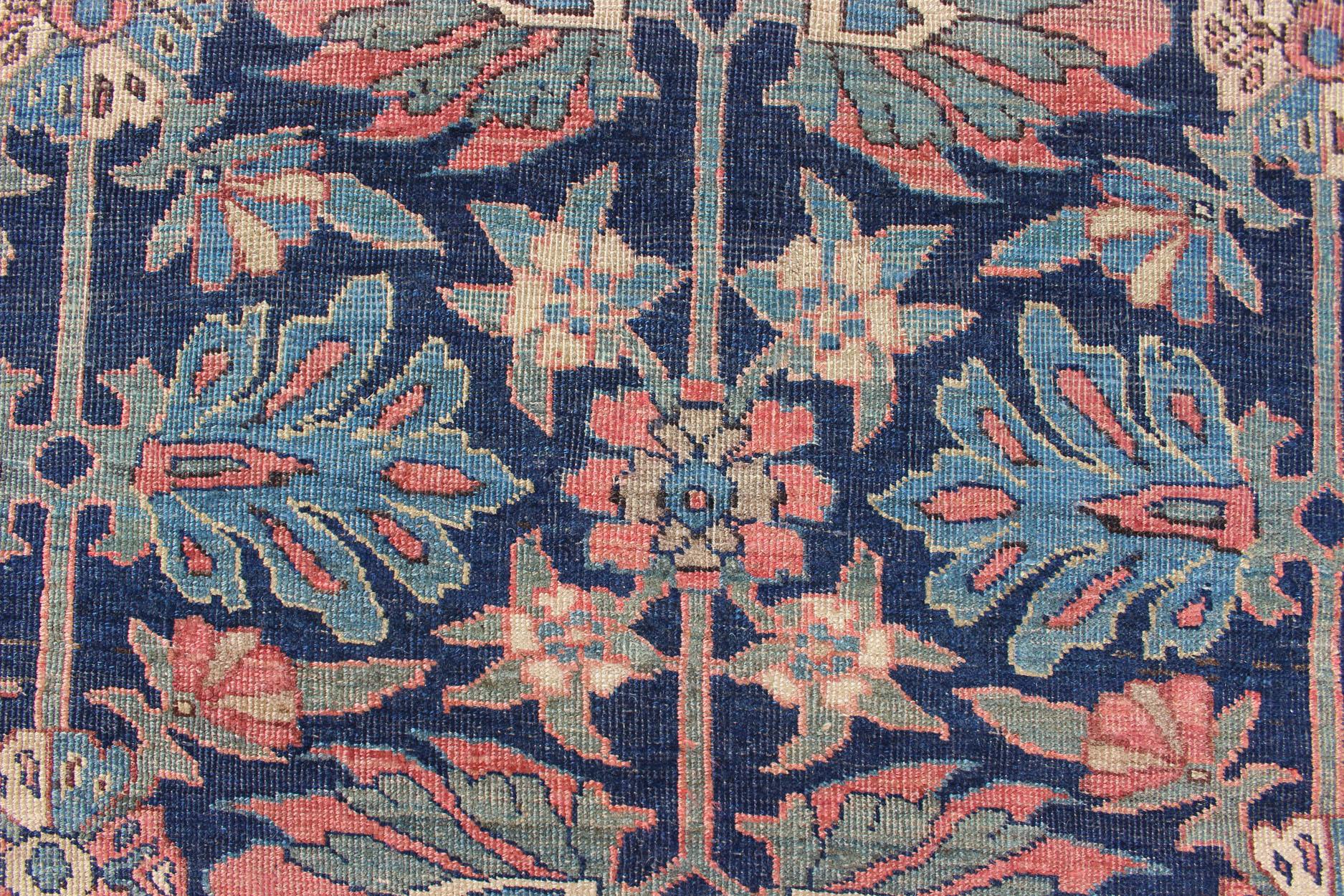 19th Century Antique Persian Bidjar Rug with a Blue Background and Tribal All-Over Pattern