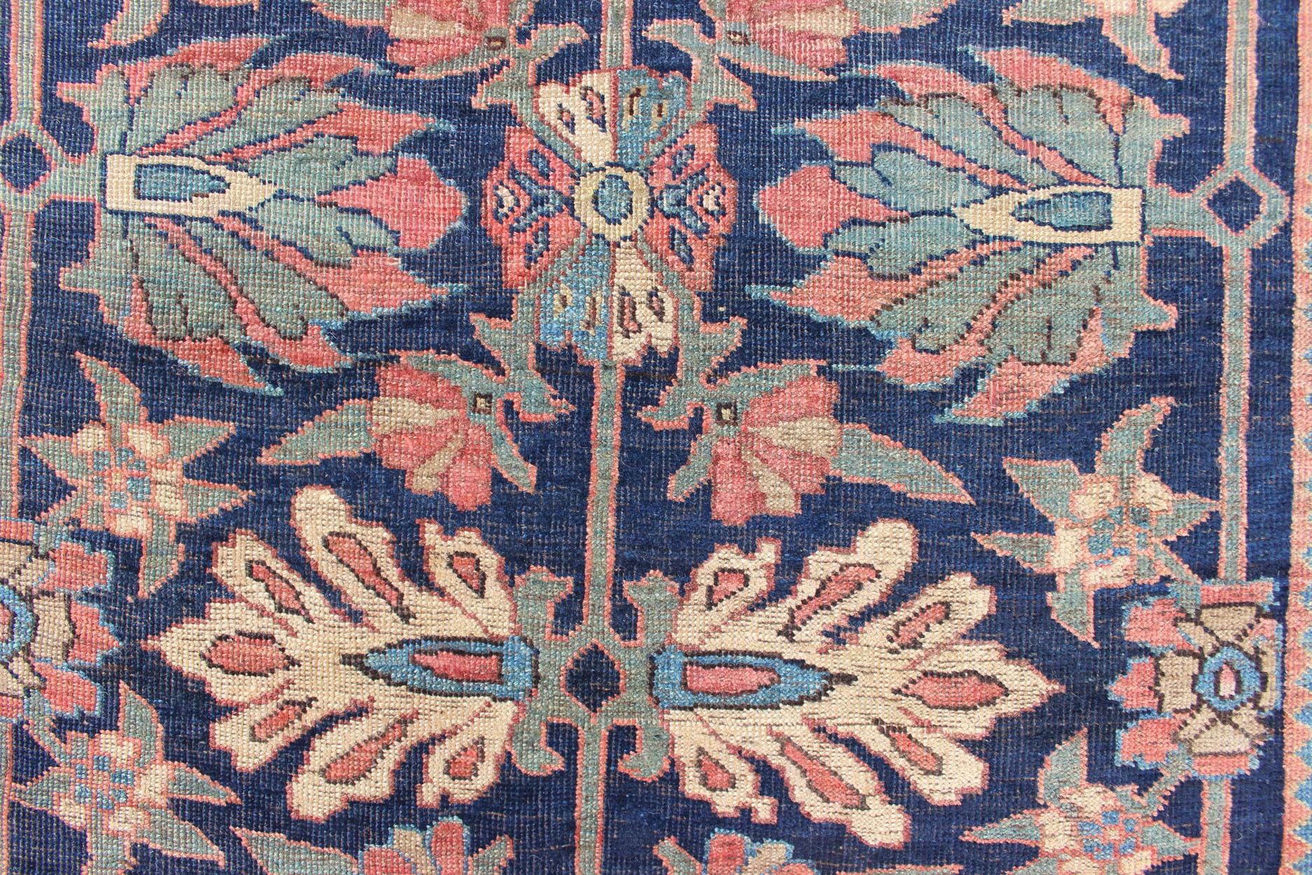 Wool Antique Persian Bidjar Rug with a Blue Background and Tribal All-Over Pattern