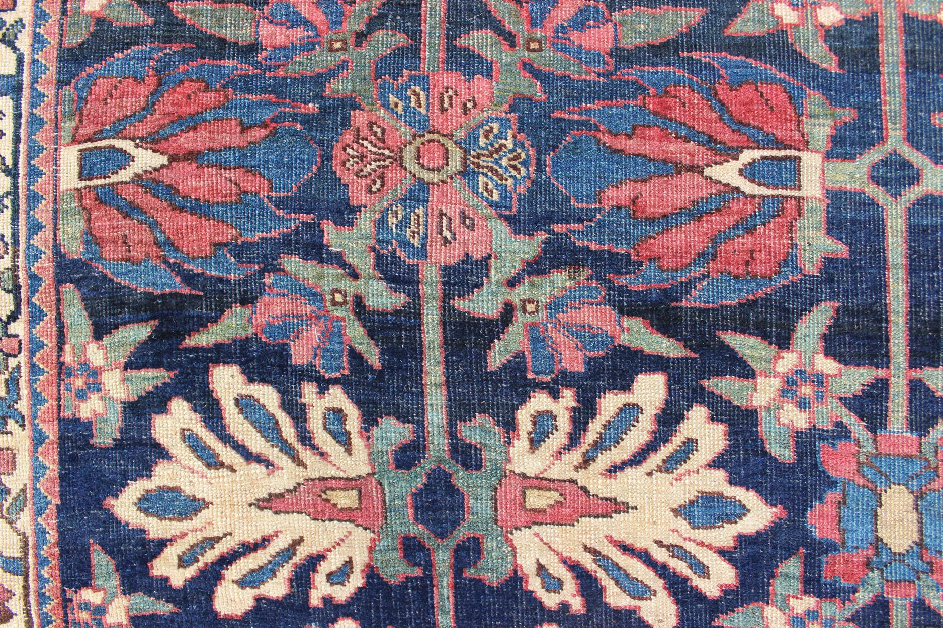 Antique Persian Bidjar Rug with a Blue Background and Tribal All-Over Pattern 1