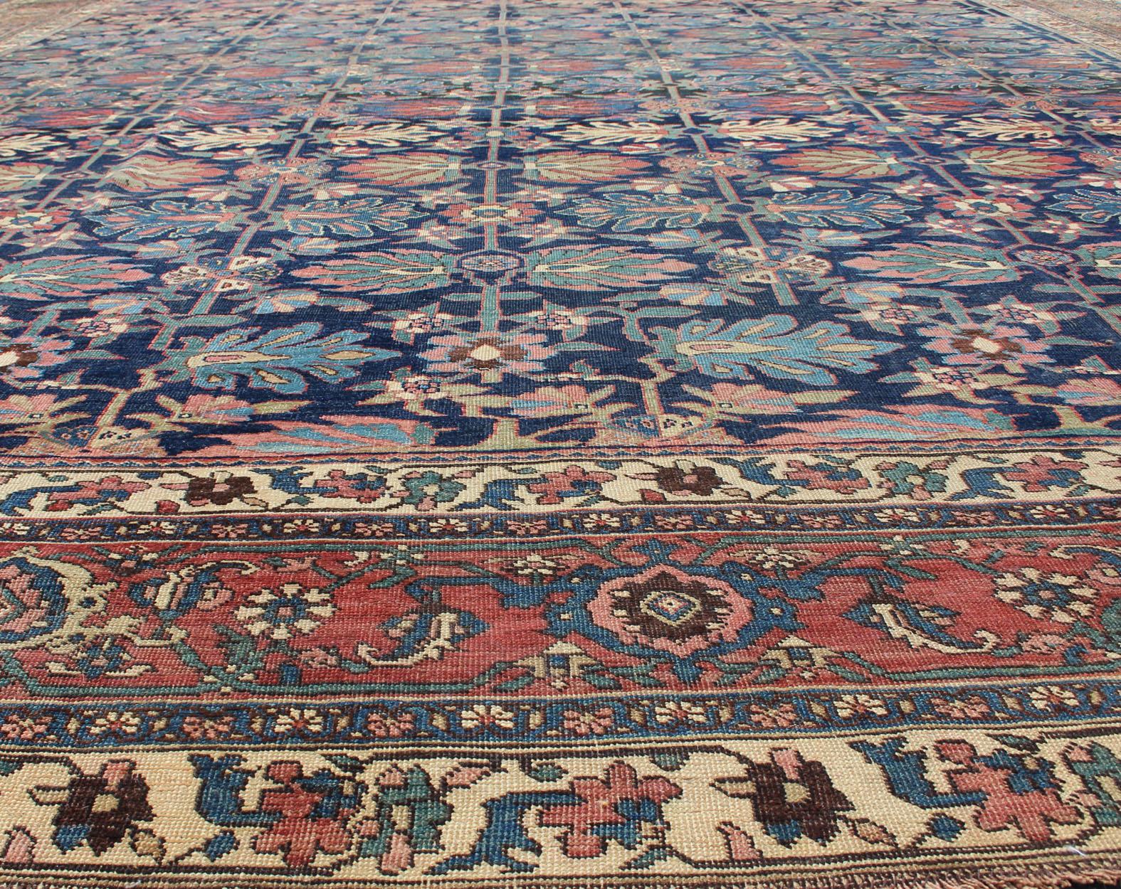 Bakshaish Antique Persian Bidjar Rug with a Blue Background and Tribal All-Over Pattern